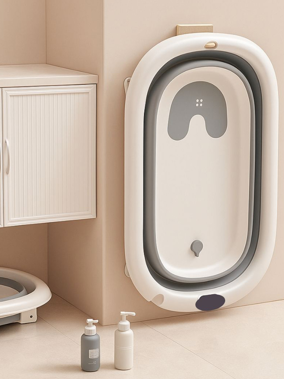 GUCHIGU Kids Pink & Off White Anti-Slip Foldable Bath Chair & Suction Base Bath Tub