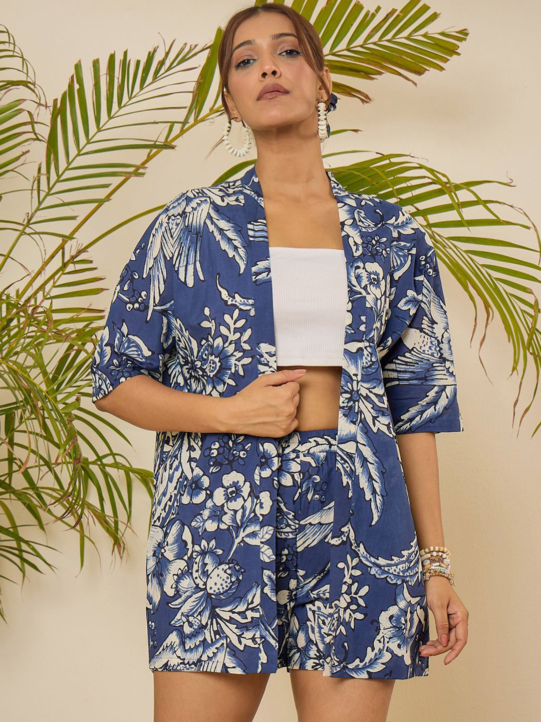 WineRed Botanical-Printed Kimono Cotton Top With Shorts Co-Ords