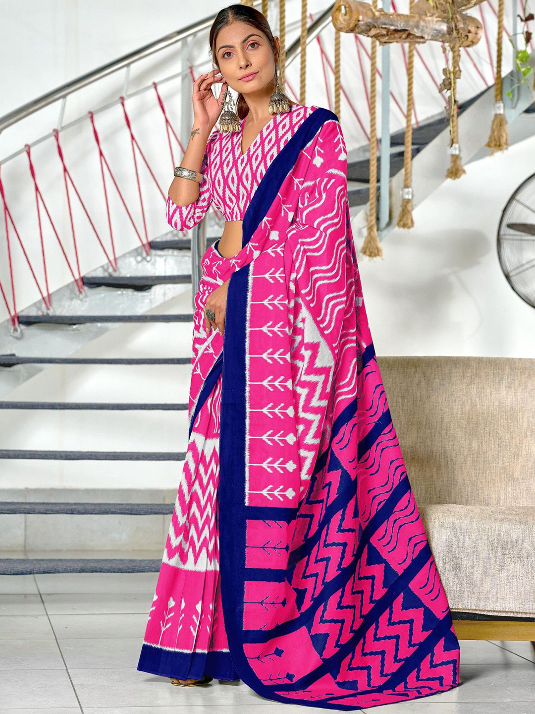 Panzora Mulcotton Ikat Print Saree With Unstitched Blouse Piece