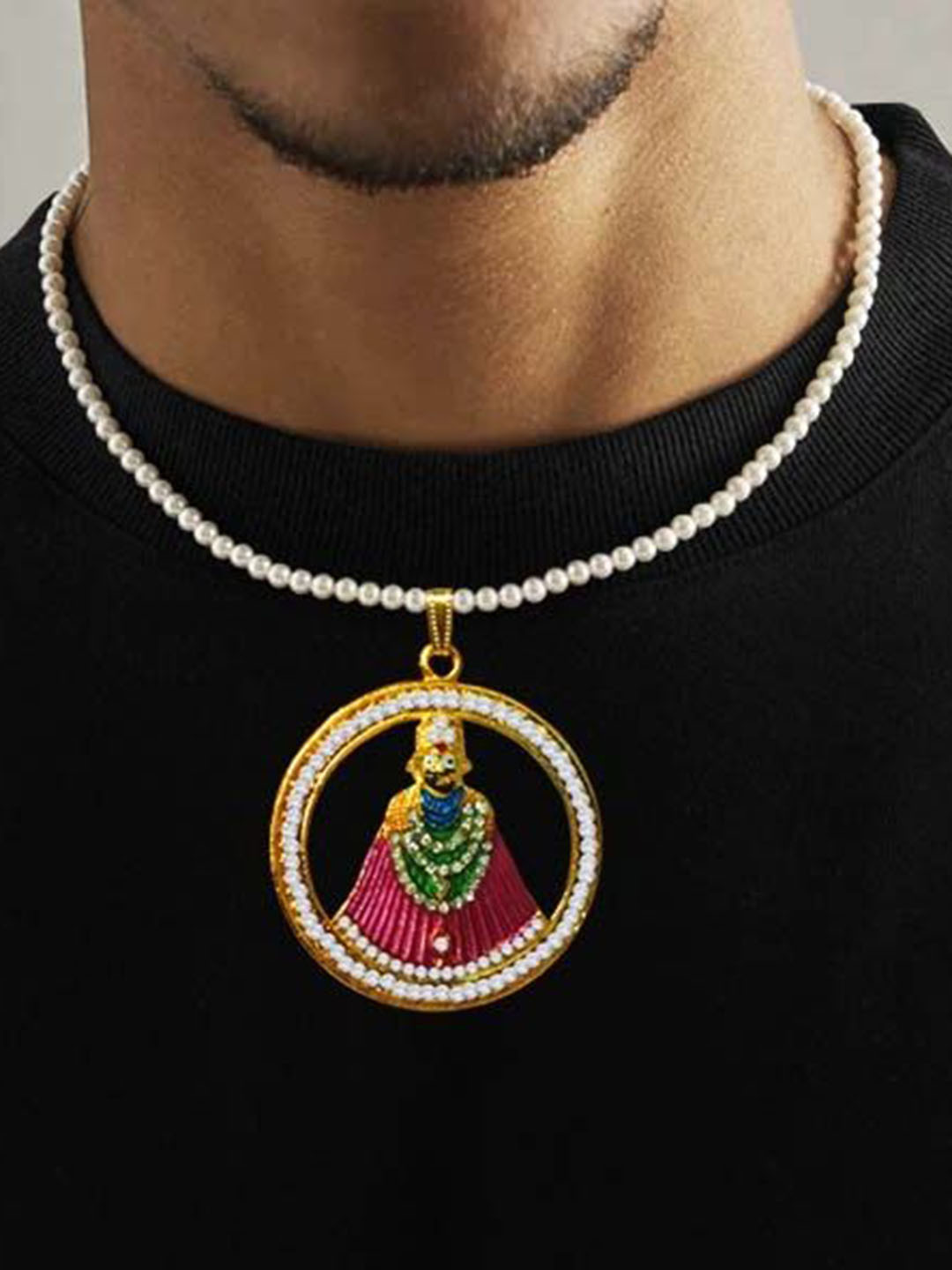 Utkarsh Stainless Steel Pearls Beaded Khatu Shyam Pendant With Chain