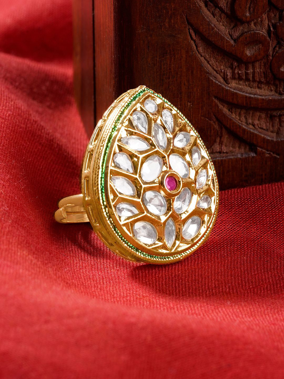 TEEJH Gold-Plated Tilika Red Stone-Studded Finger Ring