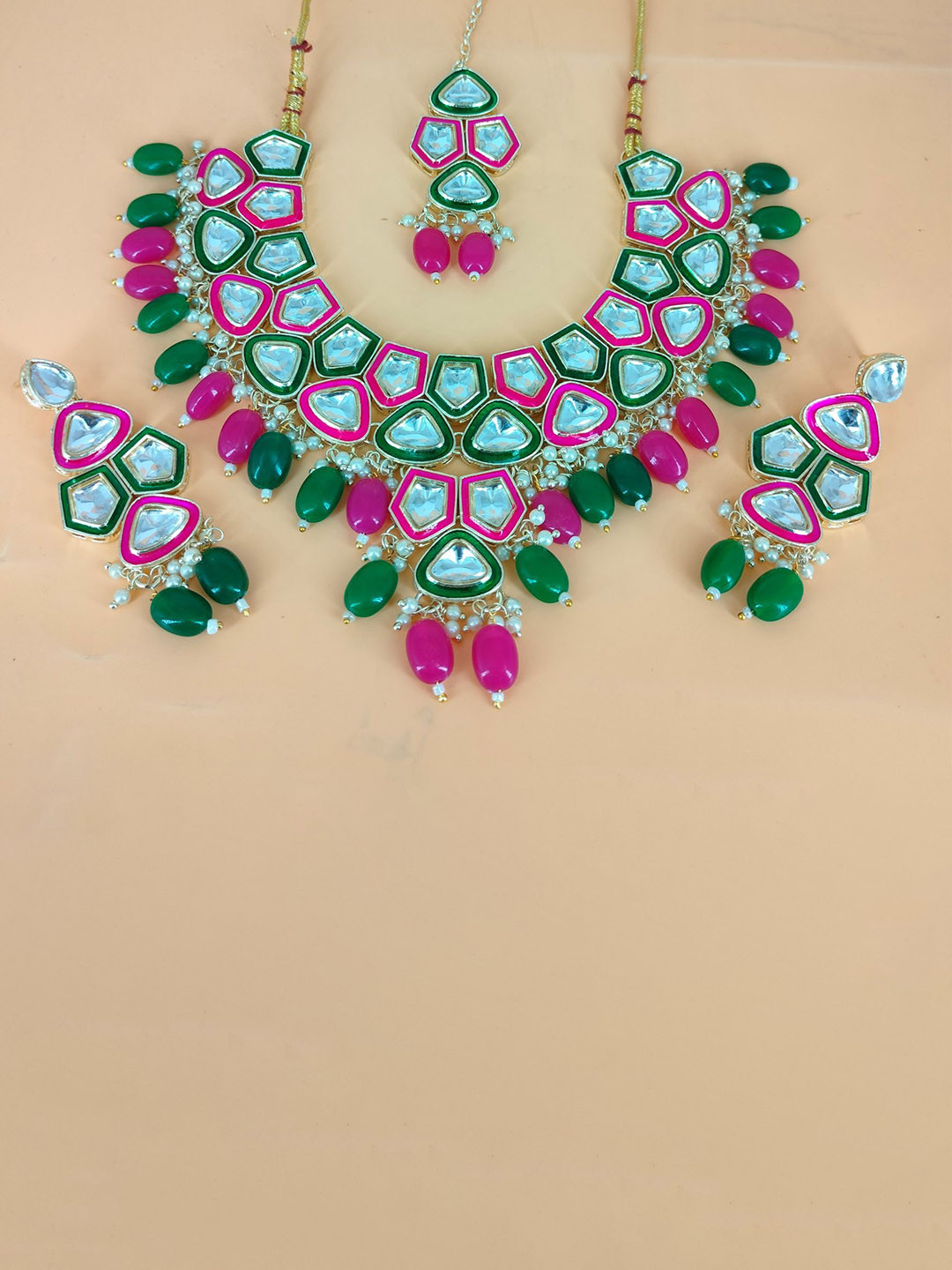 HS FATIO Gold-Plated Stone-Studded & Beaded Jewellery Set