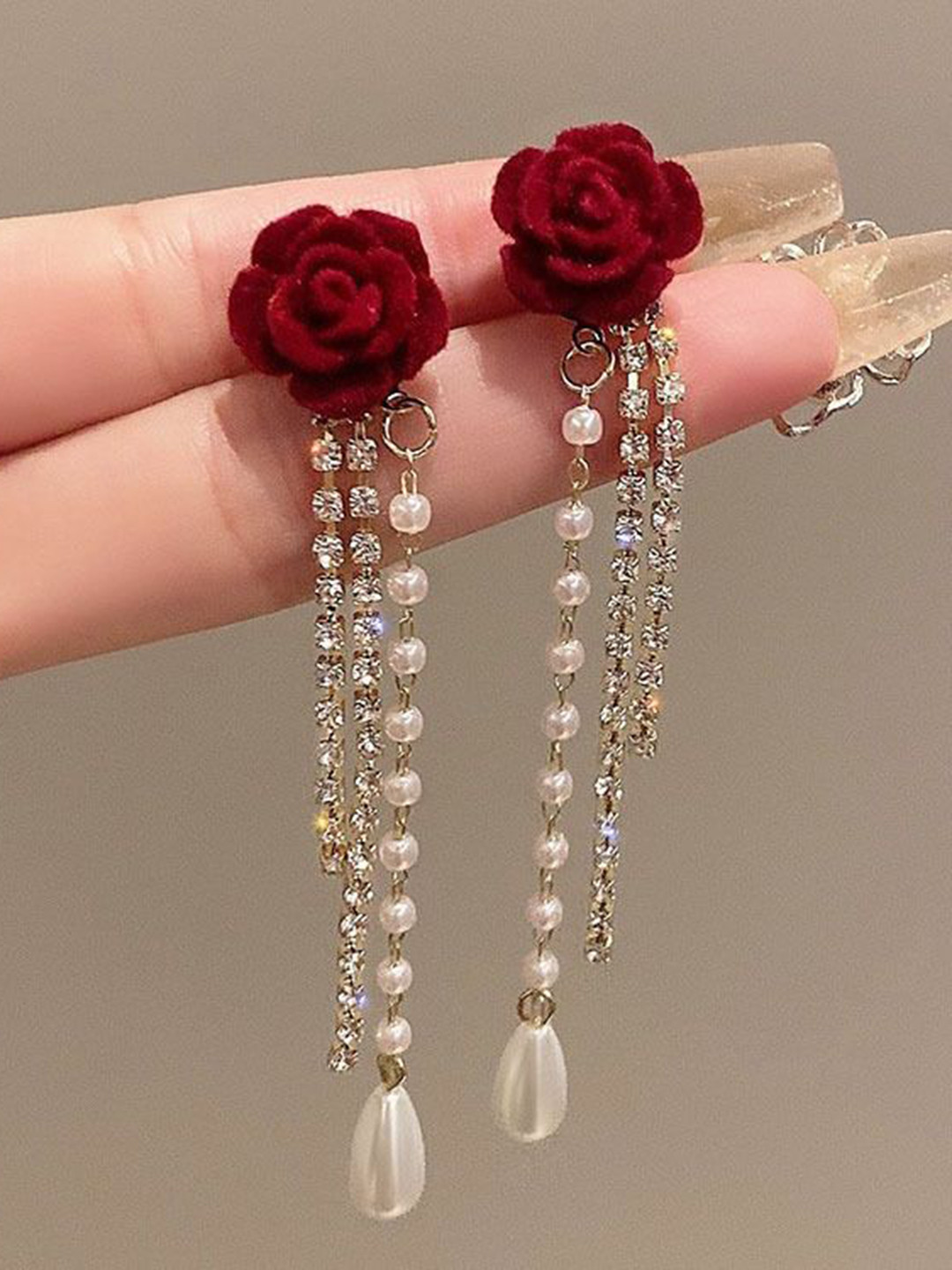 DIVASTRI Gold-Plated Stones Studded & Pearls Beaded Korean Tasselled Floral Drop Earrings