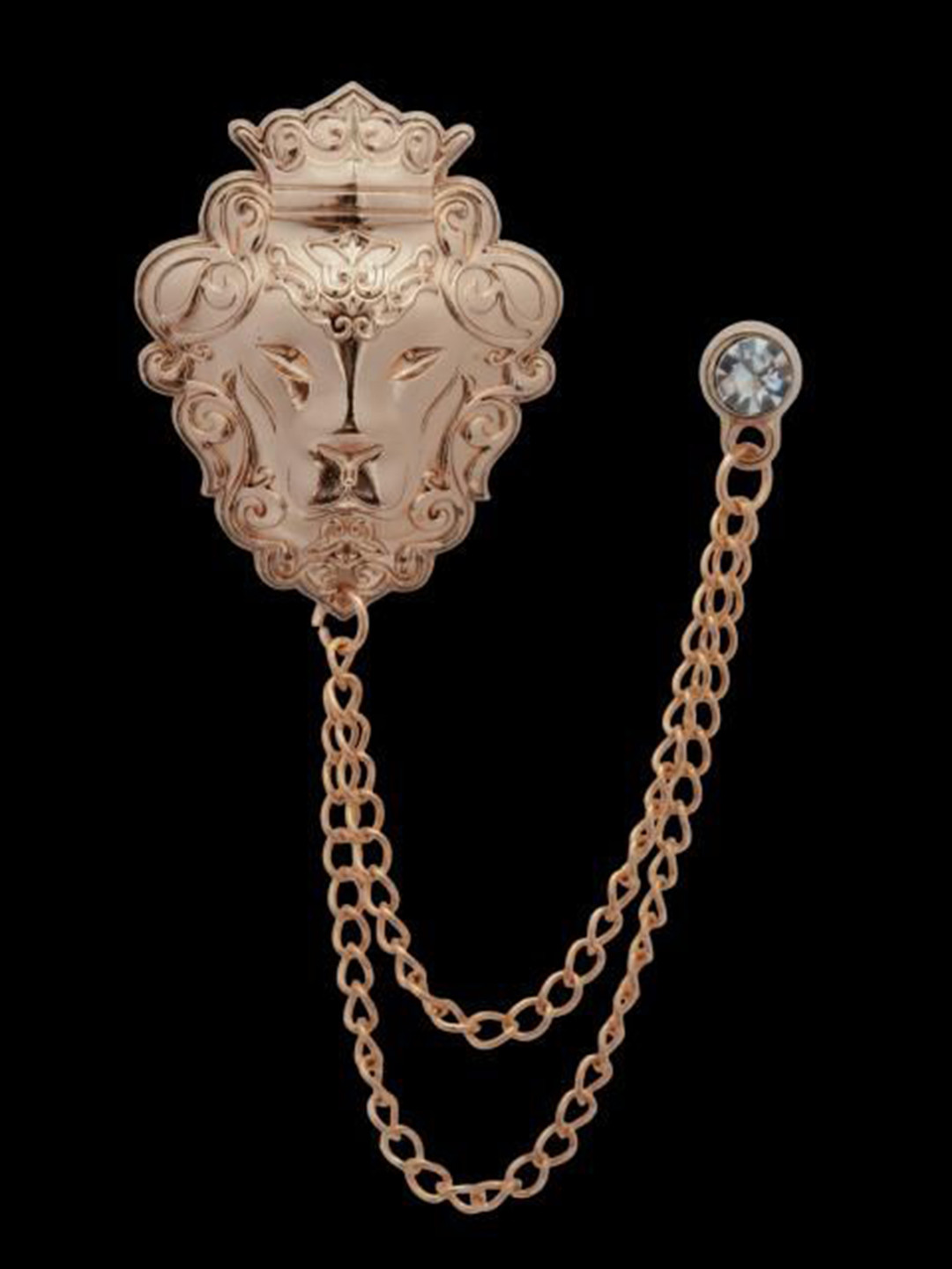 Curren Men Rose Gold Plated Zircon Studded Lion Design With Chain Brooch