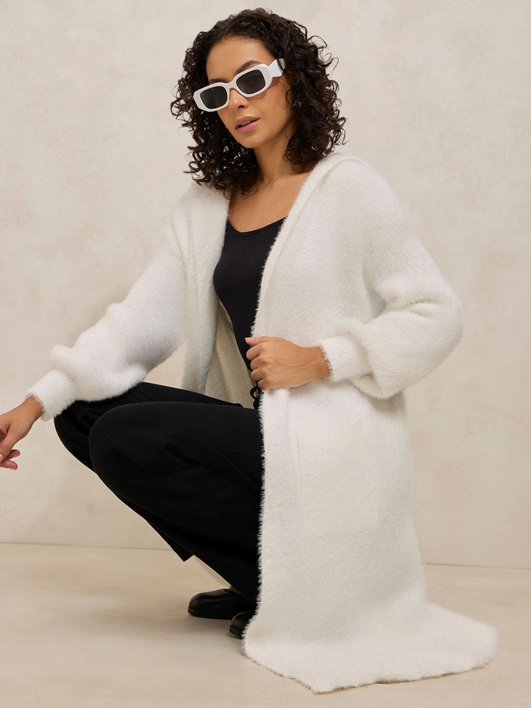 SHOWOFFFF Fuzzy Open Front Cotton Long Shrug With Hood