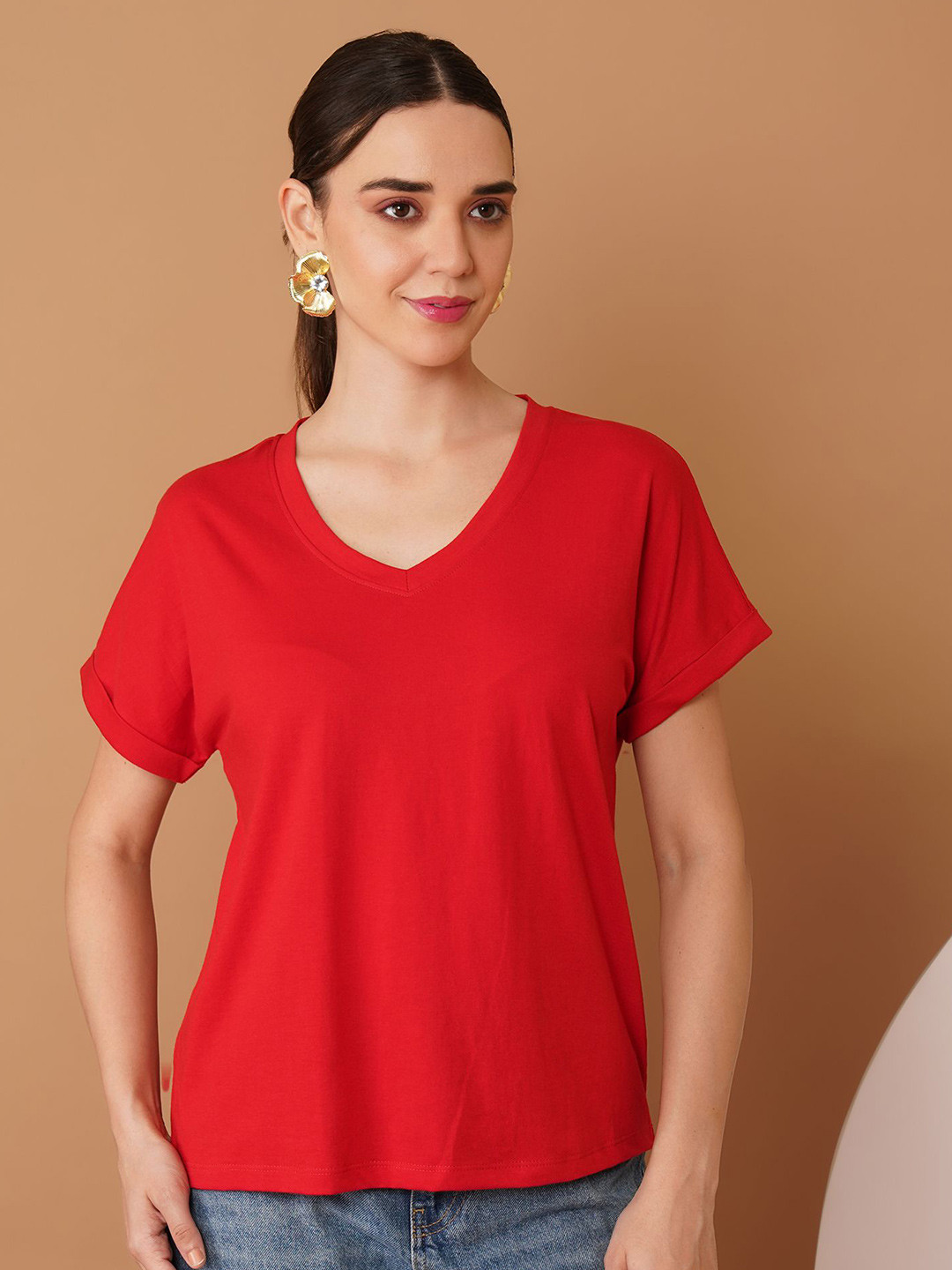 Chemistry Women V-Neck Roll-Up Sleeves Cotton Top