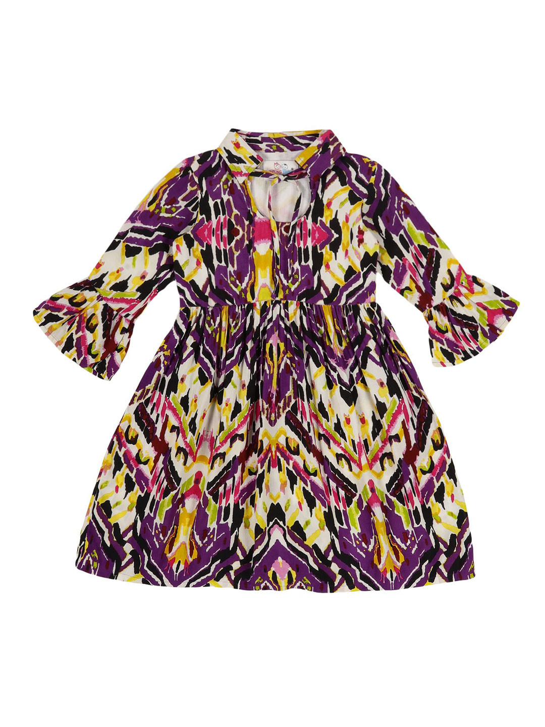 YOUNG BIRDS Girls Abstract Printed Bell Sleeve Fit & Flare Dress