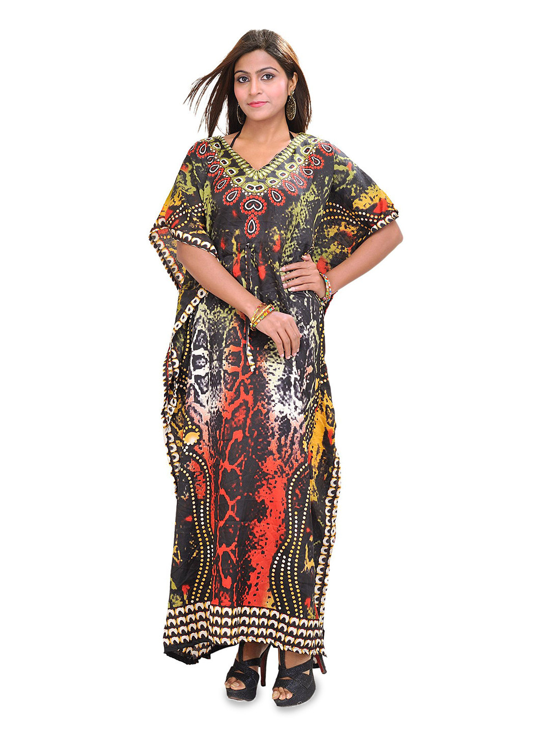 Exotic India Women Multi-Color Long Batik Printed Kaftan with Dori at Waist