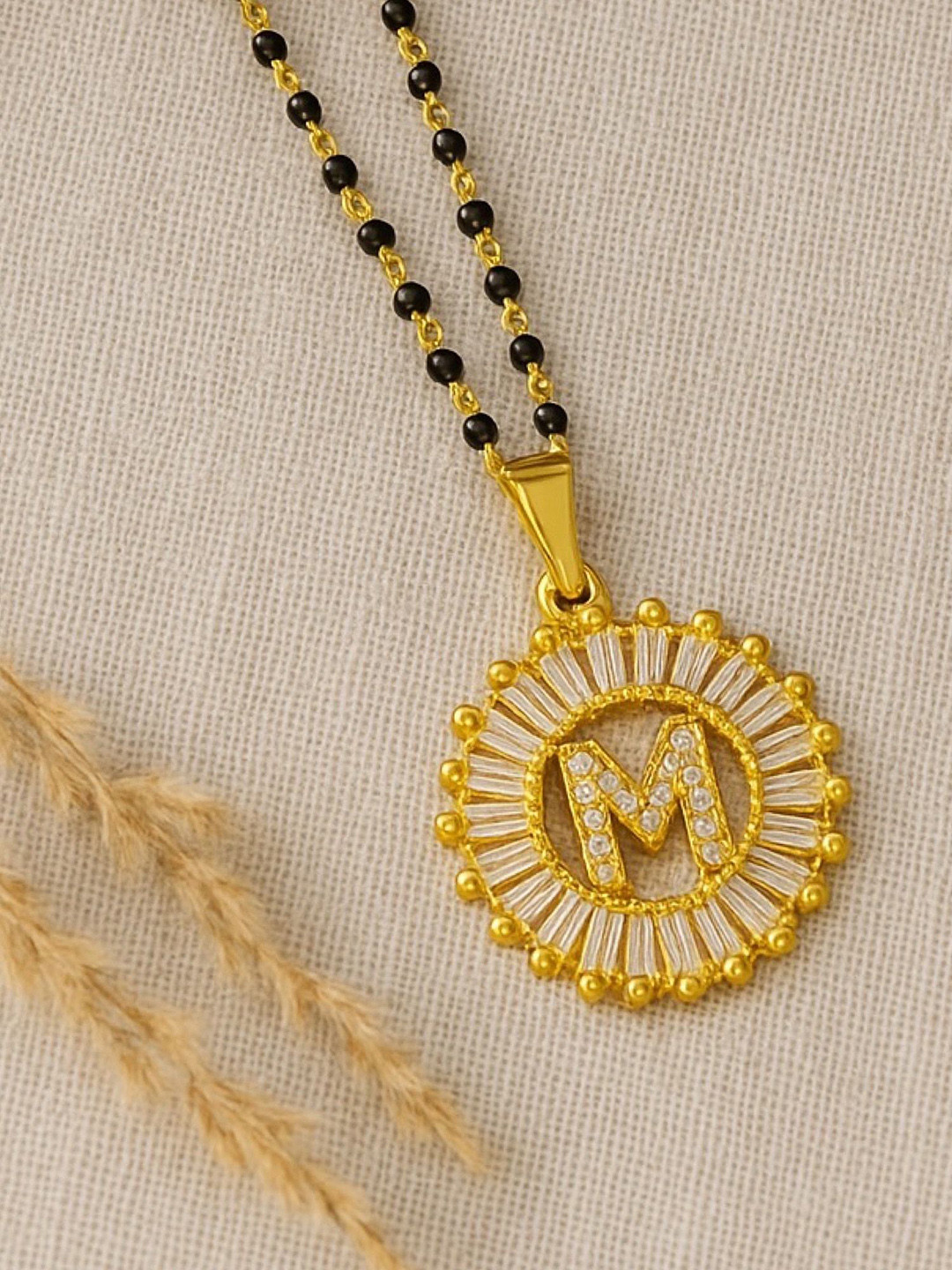 Digital Dress Room Gold-Plated Artificial Stones Studded And Beaded M Letter Mangalsutra
