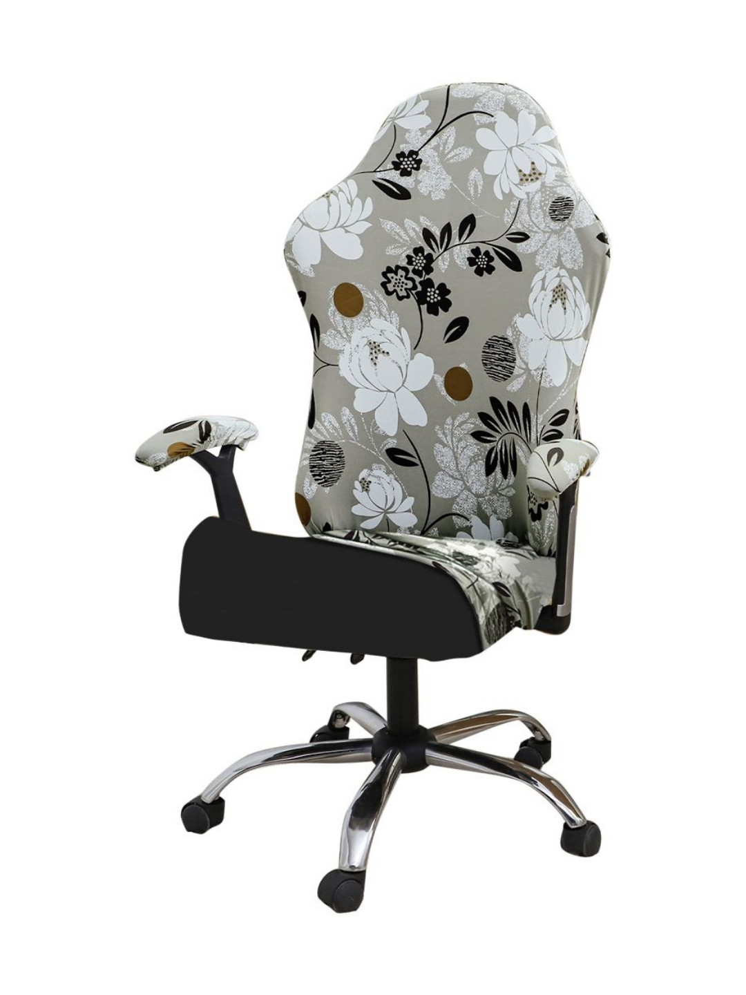 HOKIPO White & Black Floral Printed Computer Rotated Gaming Chair Cover