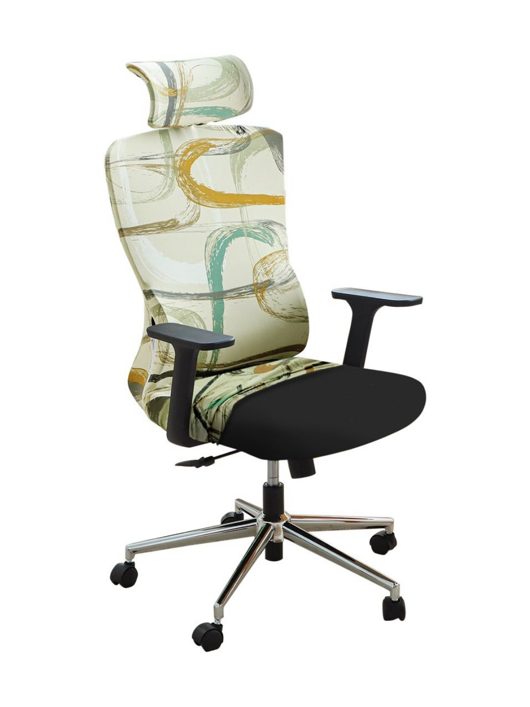 HOKIPO Beige Abstract Printed Stretchable Office Chair Cover With Headrest Cover