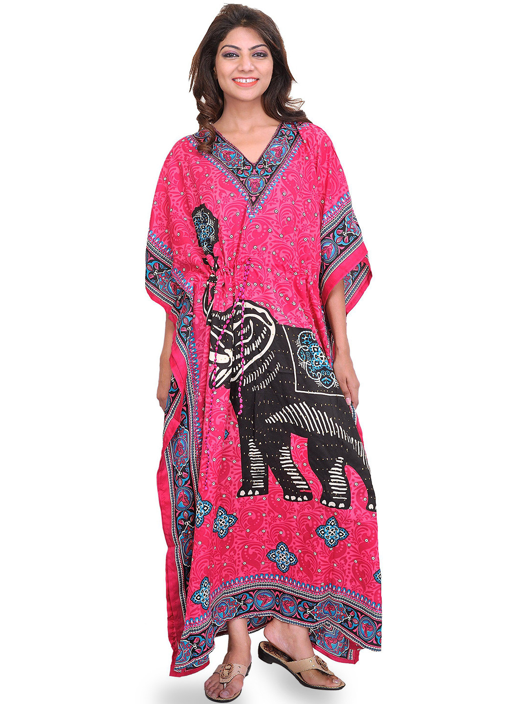 Exotic India Kaftan with Printed Elephant and Dori at Waist Dress