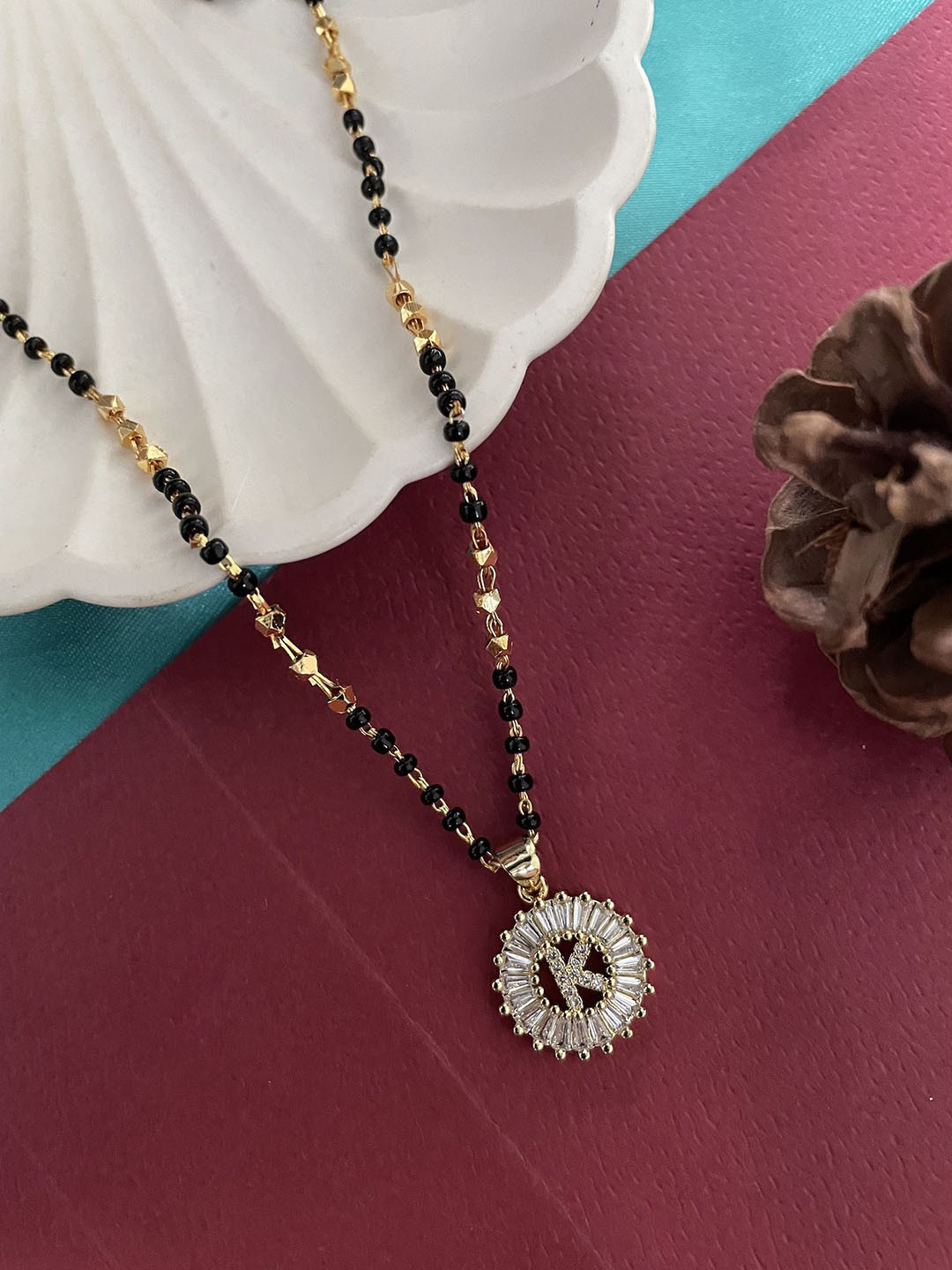 Digital Dress Room Gold-Plated Artificial Stones Studded And Beaded K Letter Mangalsutra