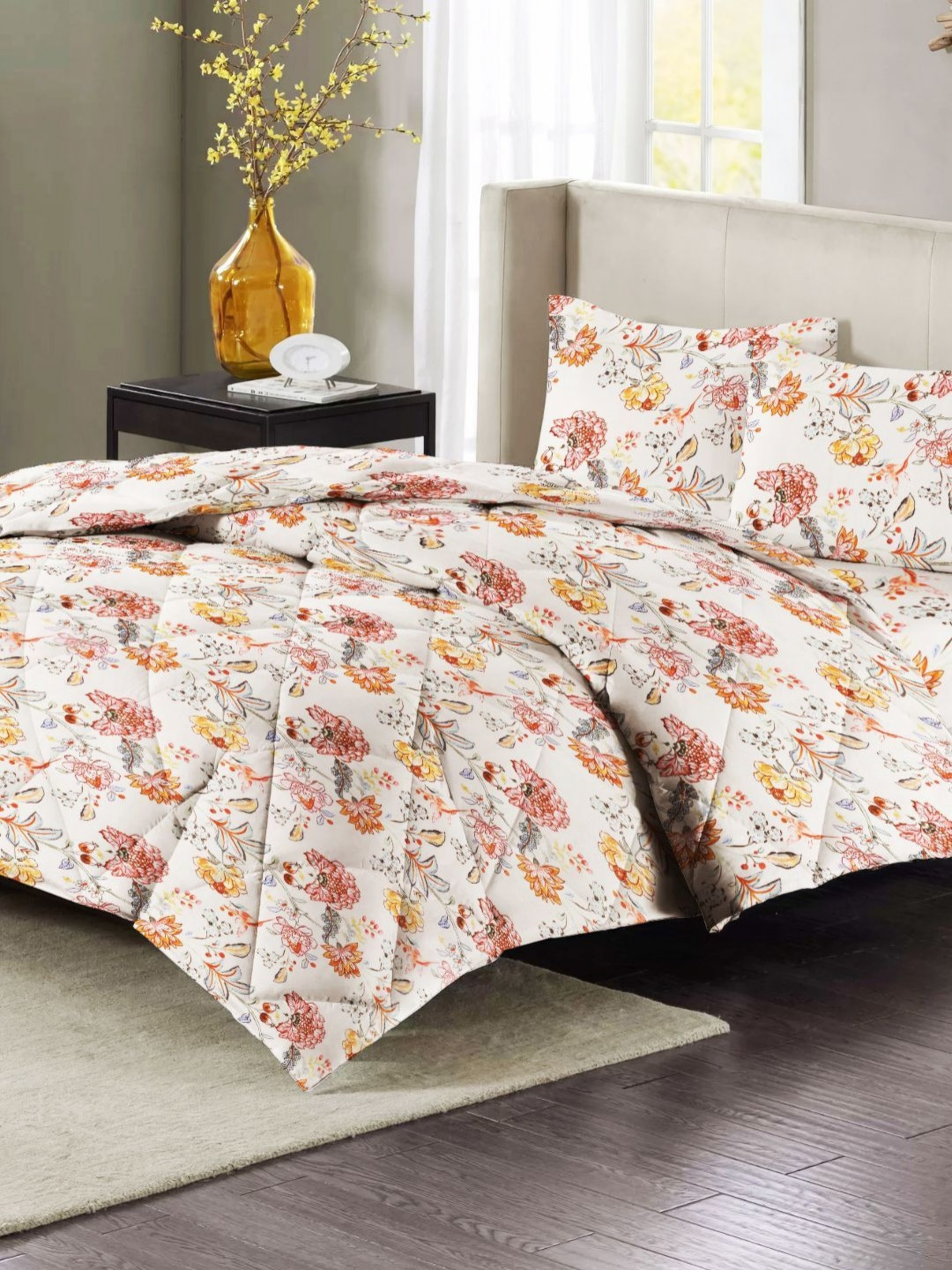 San Marino White & Pink Floral Cotton 4 Piece Double King Superfine Bedding Set