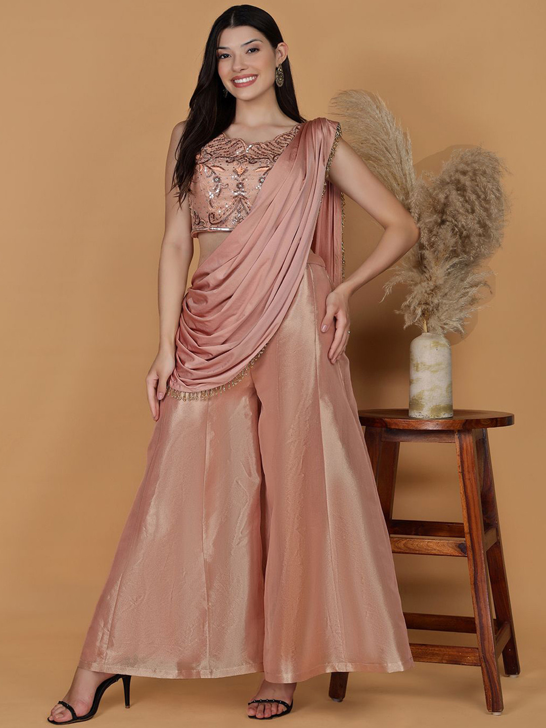 MILU MADAN Women Ethnic Embroidered Draped Pant Saree Set