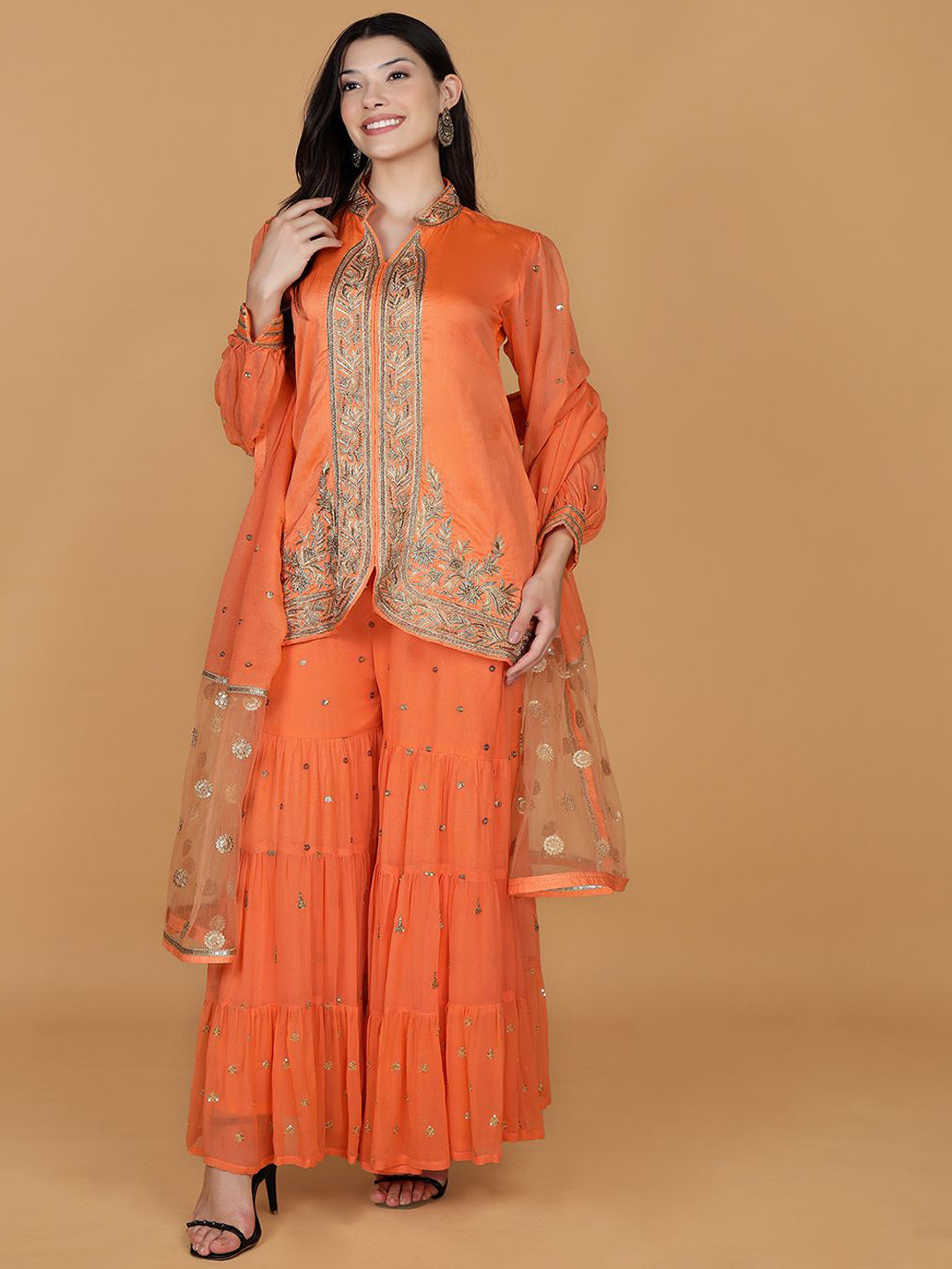 MILU MADAN Embroidered Stones & Beads Work Chanderi Silk Kurta With Sharara & Dupatta