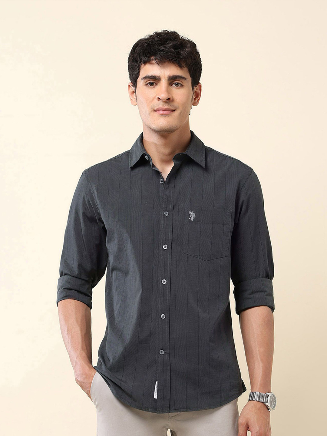 U.S. Polo Assn. Men Tailored Fit Pinstriped Pure Cotton Casual Shirt