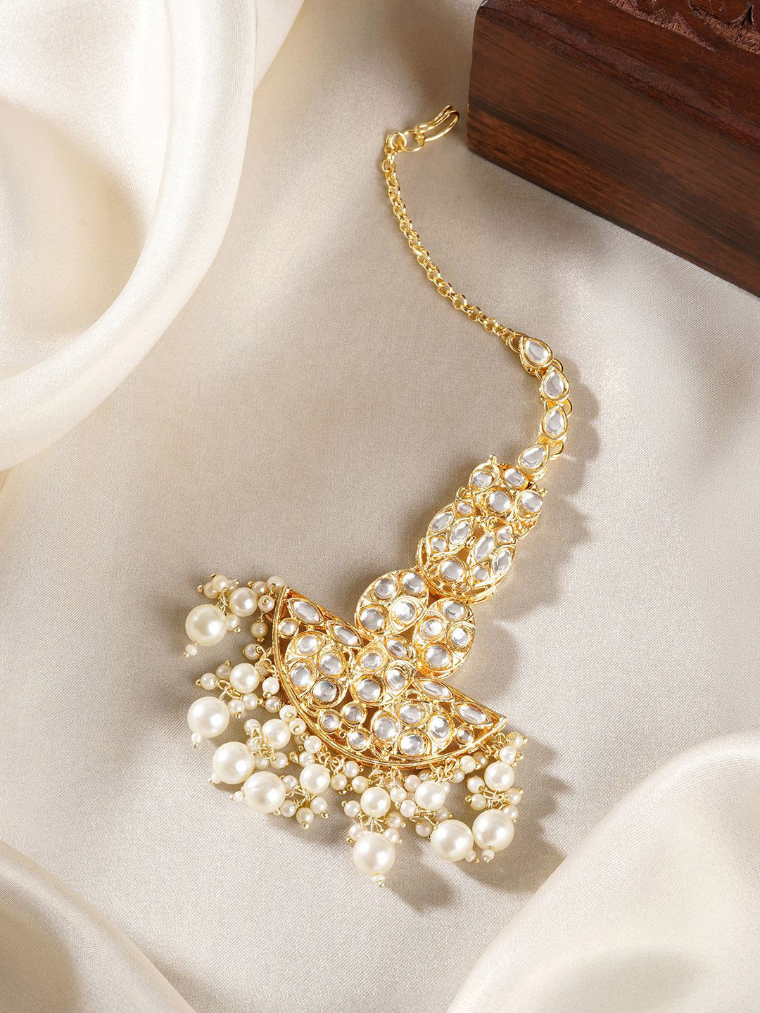 TEEJH Women Embellished Polki Gold Maangtika Hair Accessory