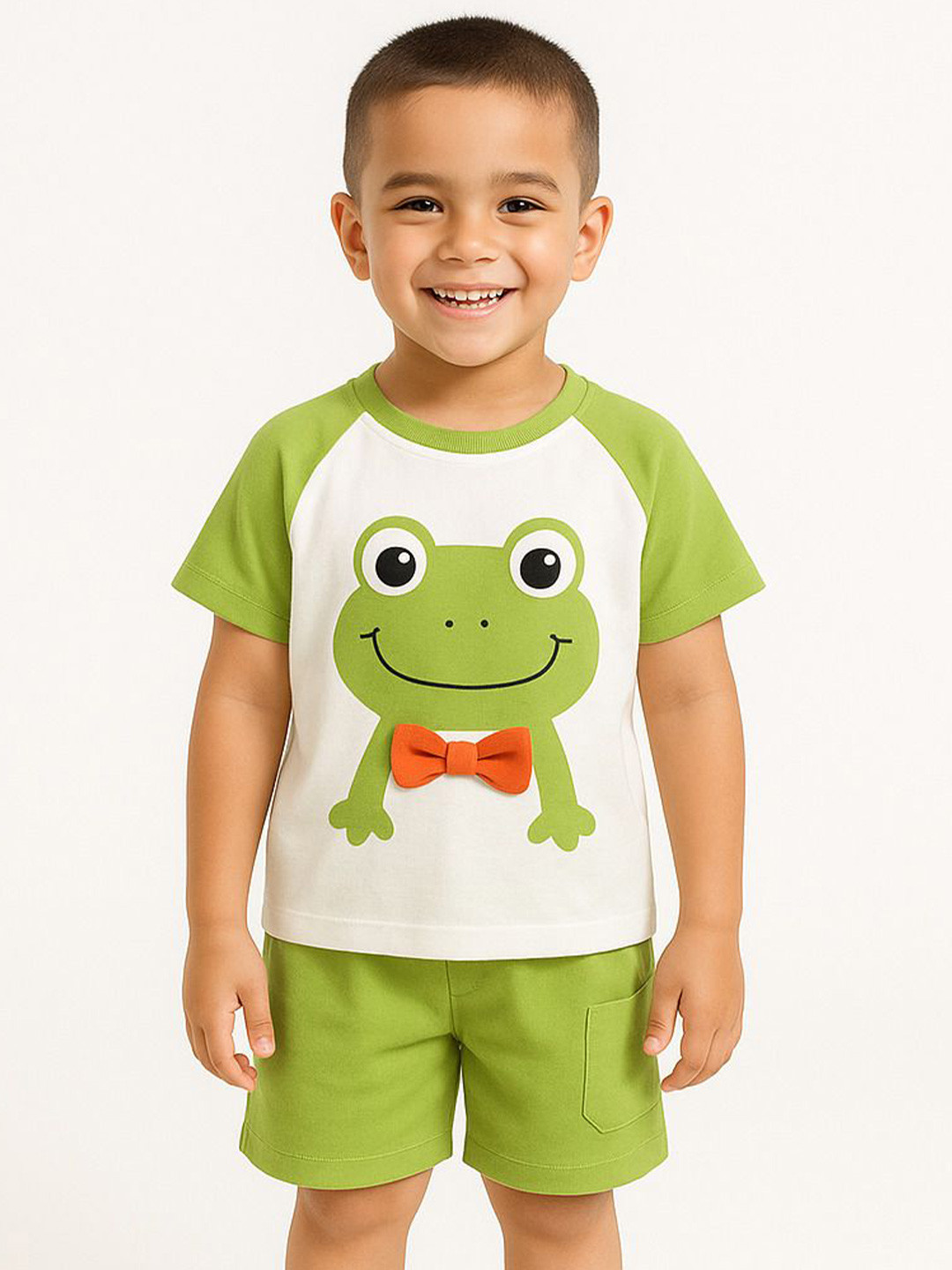 POP STREET KIDS Boys Frog Printed Round Neck T-Shirt With Shorts