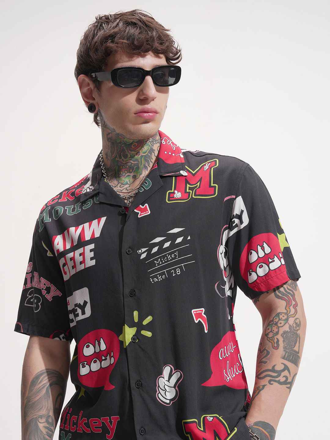 HIGHLANDER Graphic Printed Mickey Mouse Cuban Collar Short Sleeves Relaxed Fit Shirt