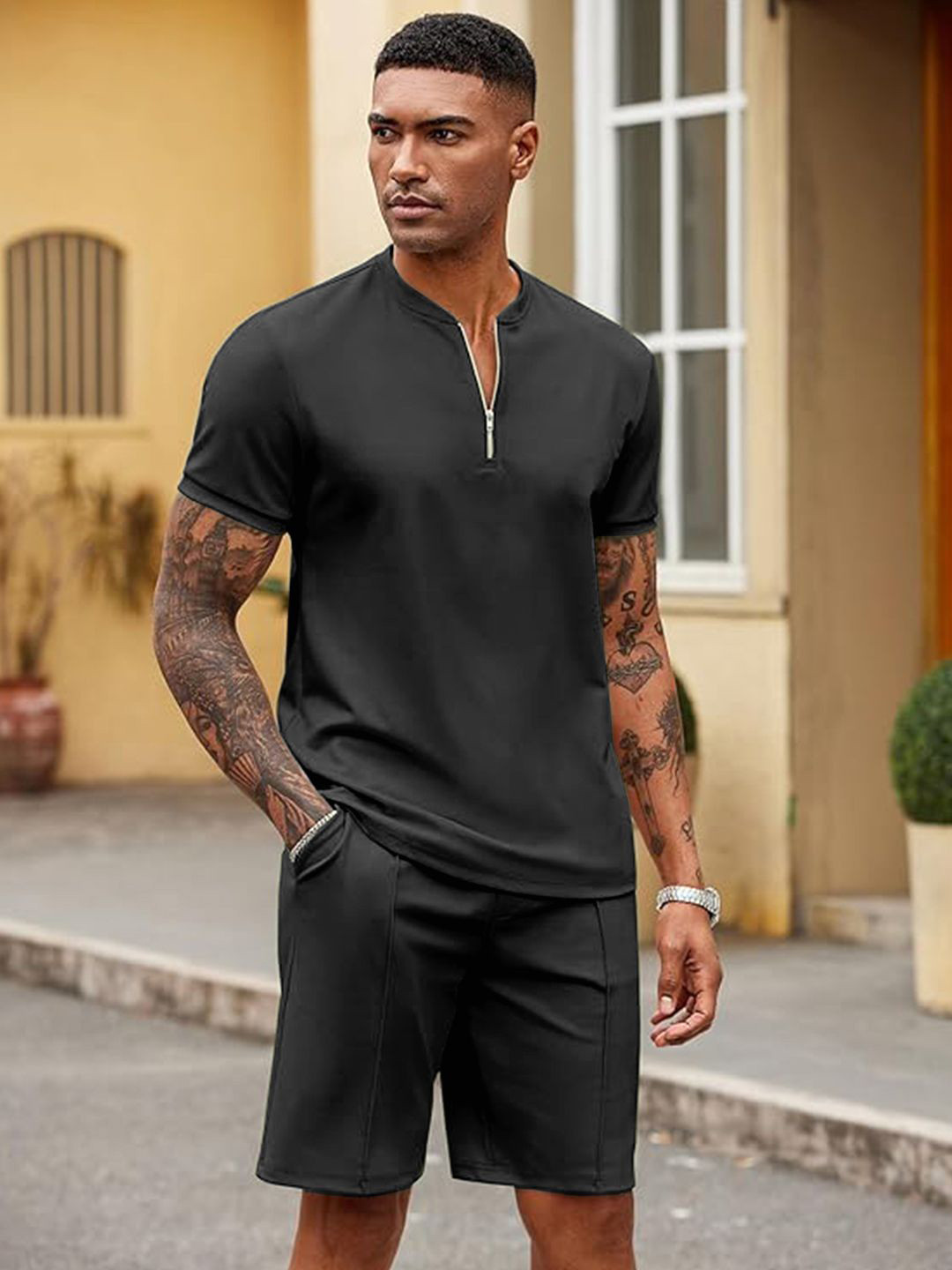 CHROME & CORAL Mandarin Collar T-Shirt With Shorts Co-Ords Set