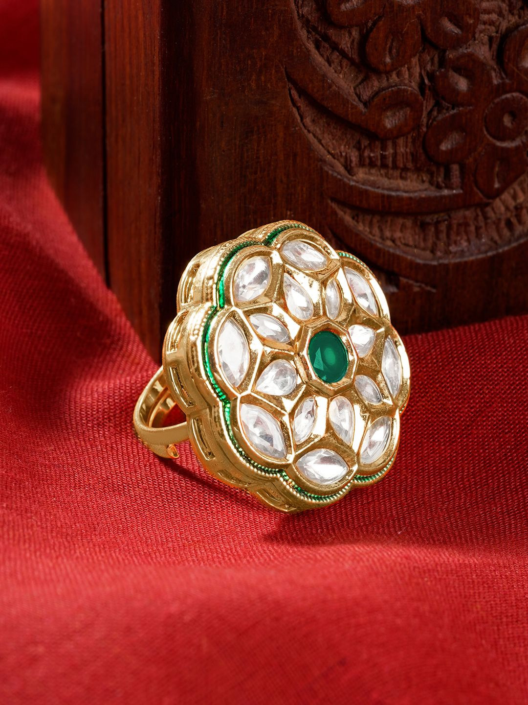TEEJH Gold-Plated Yasu Green Stone-Studded Finger Ring