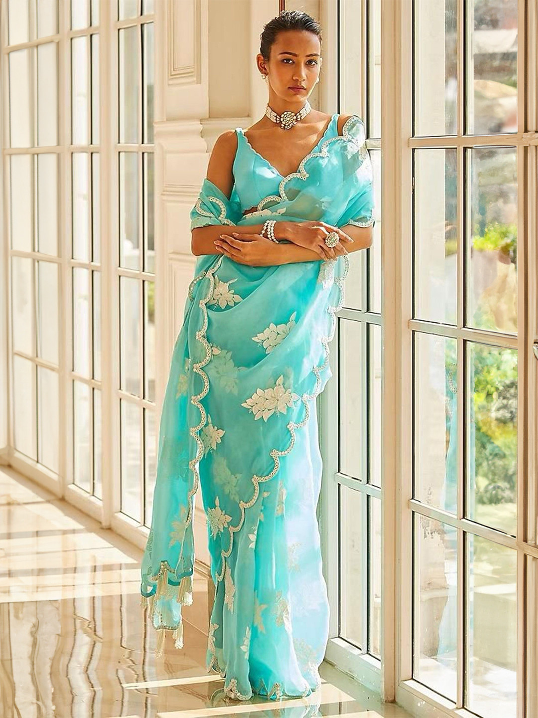 DIVASTRI Embroidered Embellished Mirror Work Jimmy Choo Saree