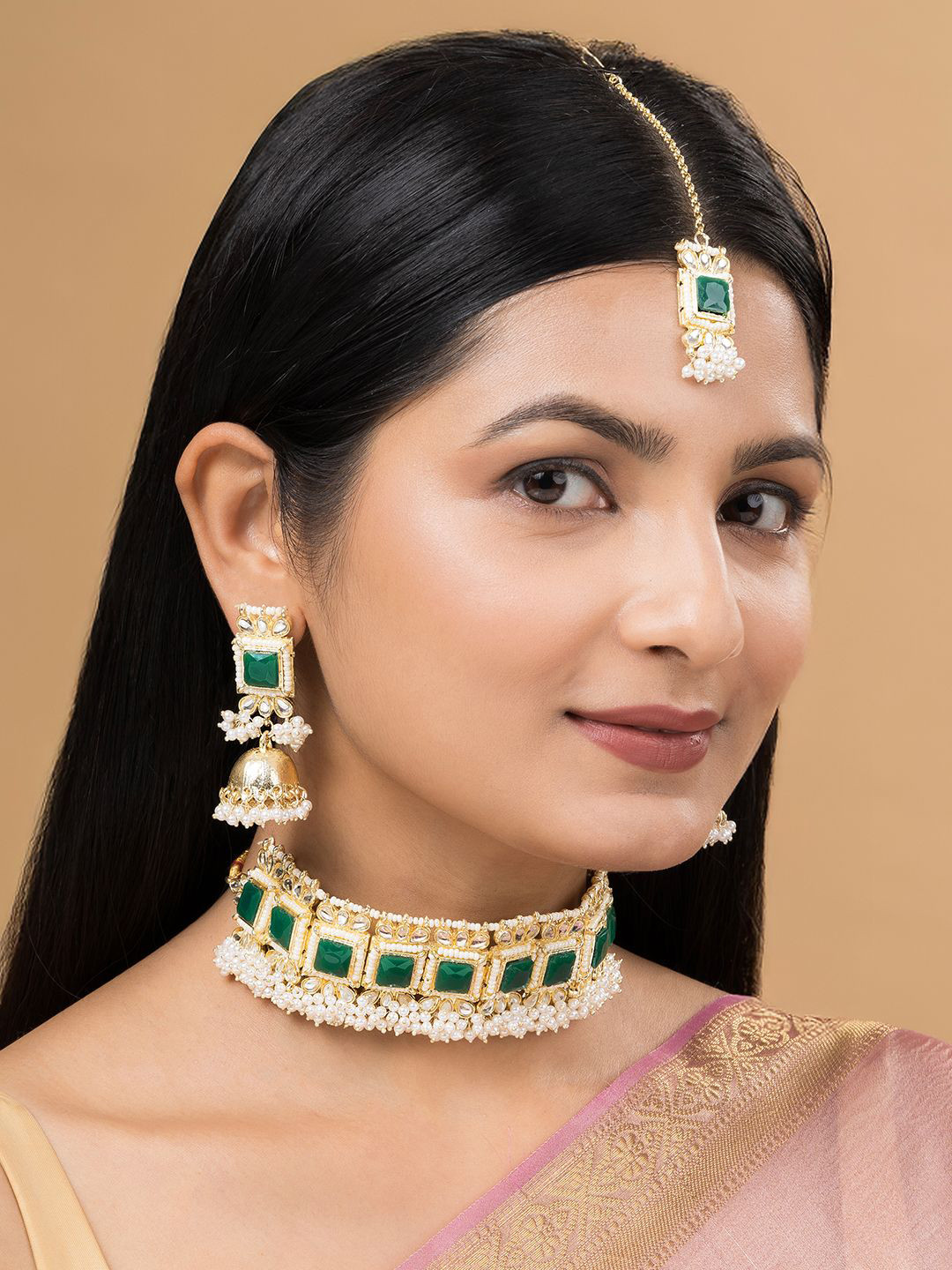 TEEJH Rovina Gold Plated Stone Studded & Beaded Jewellery Set