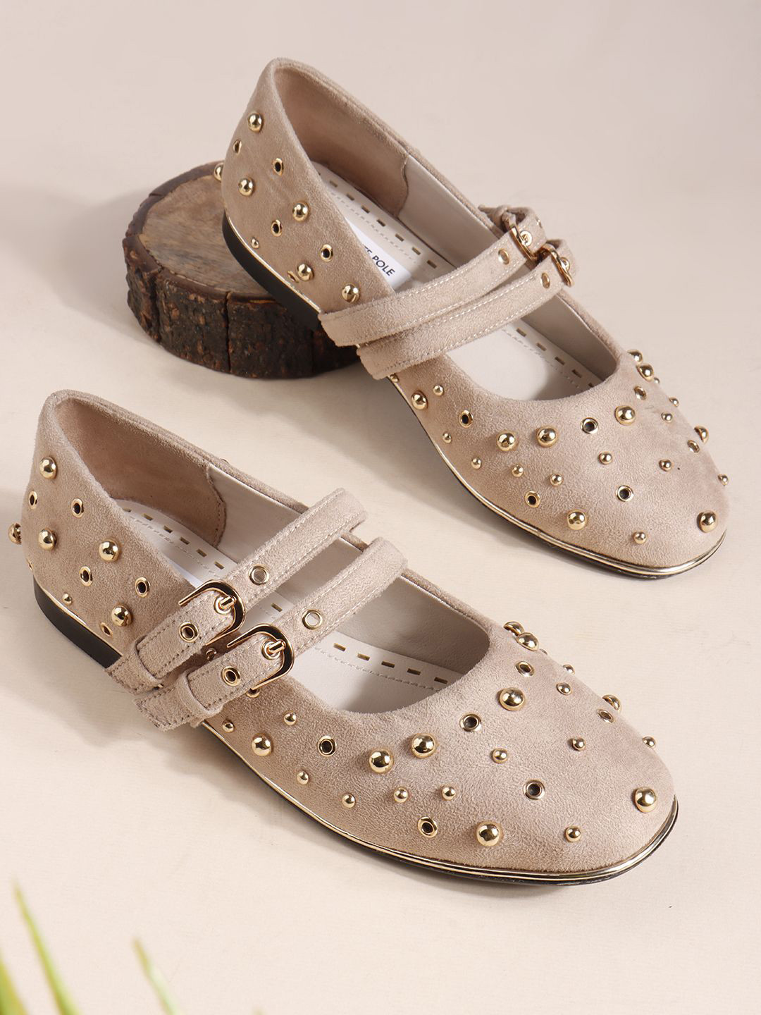 THE WHITE POLE Women Lightweight Trending Strap Studded Embellishments Flat Mary Janes