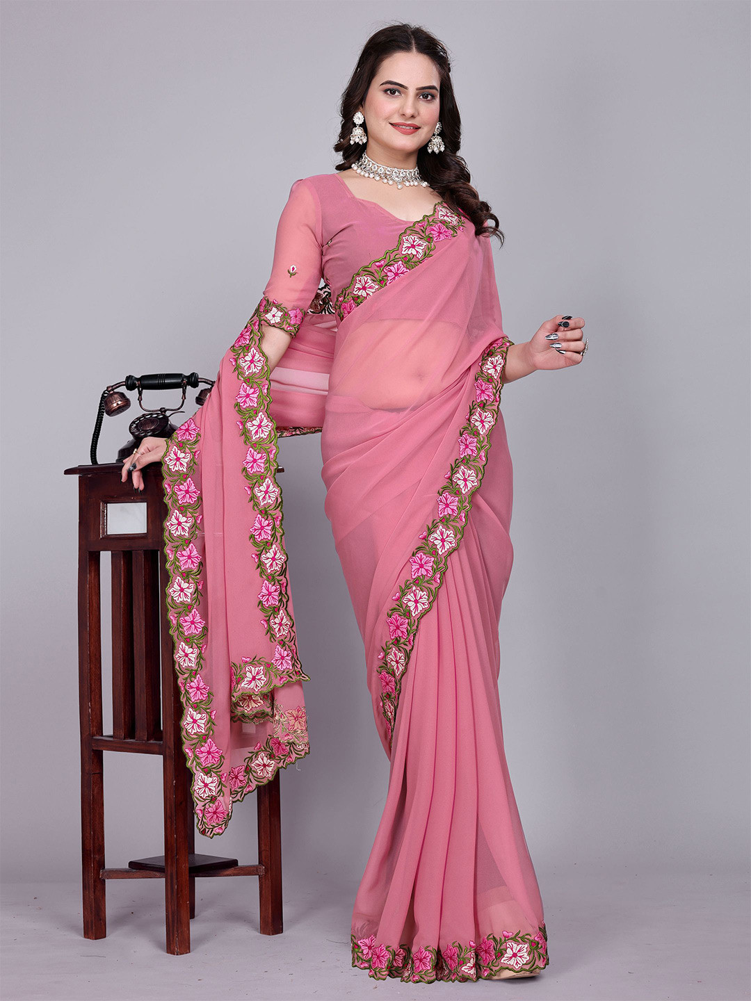 Sadika Women Floral Embroidered Kantha Work Poly Georgette Kovai Saree