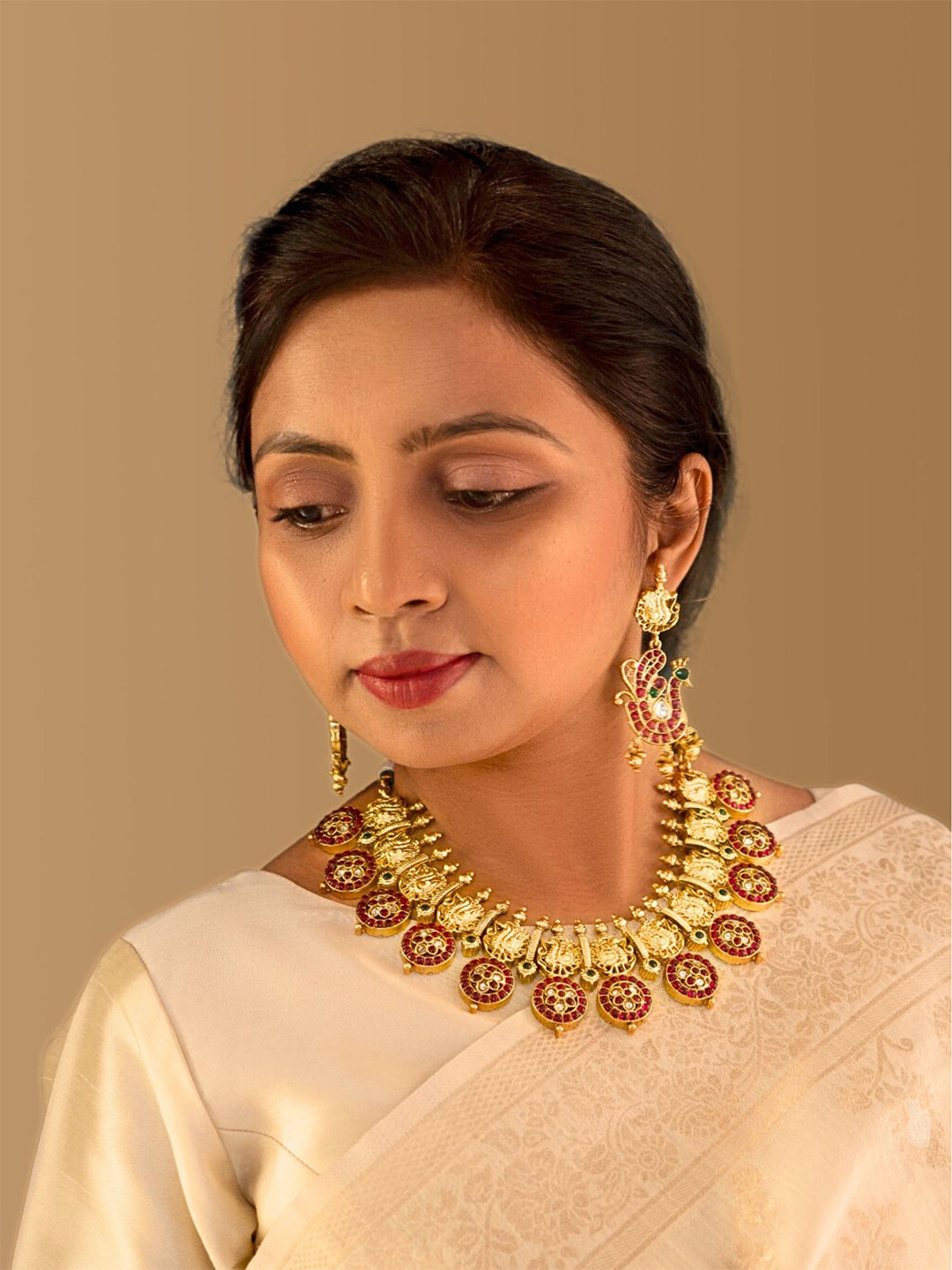 INC63 22KT Gold-Plated Vintage Peacock Design Stone-Studded Jewellery Set