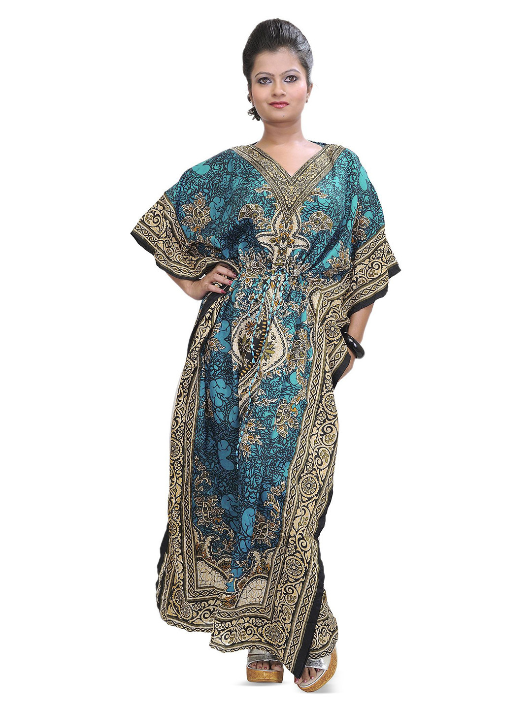 Exotic India Women Long Printed Kaftan Dress with Dori at Waist