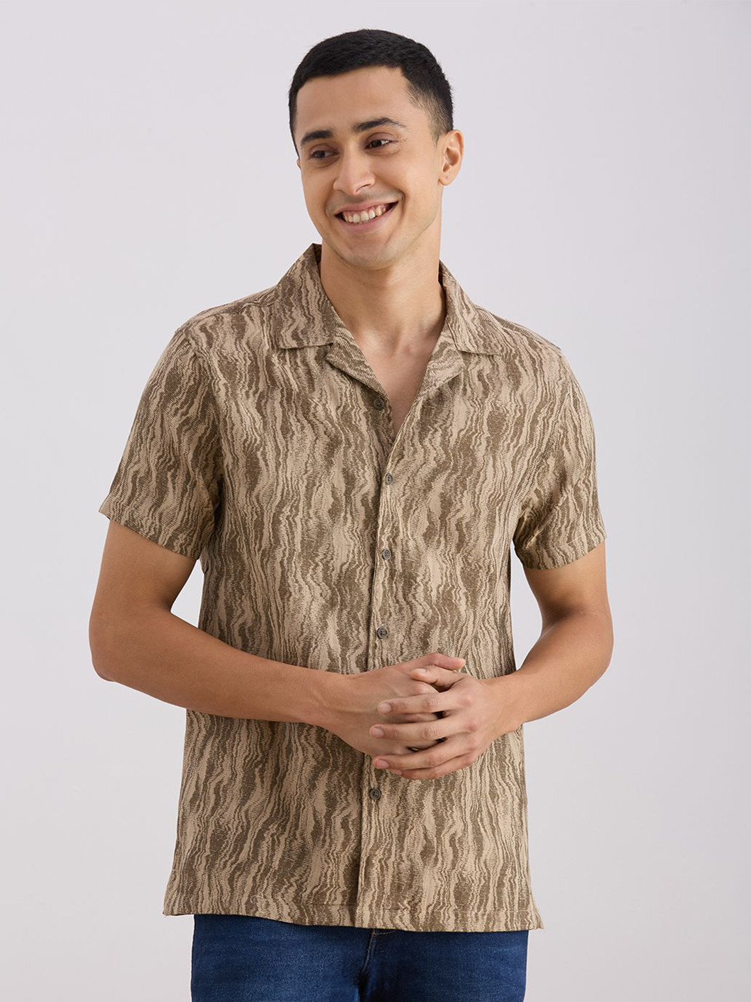 VALEN CLUB Abstract Printed Cuban Collar Relaxed Fit Cotton Shirt