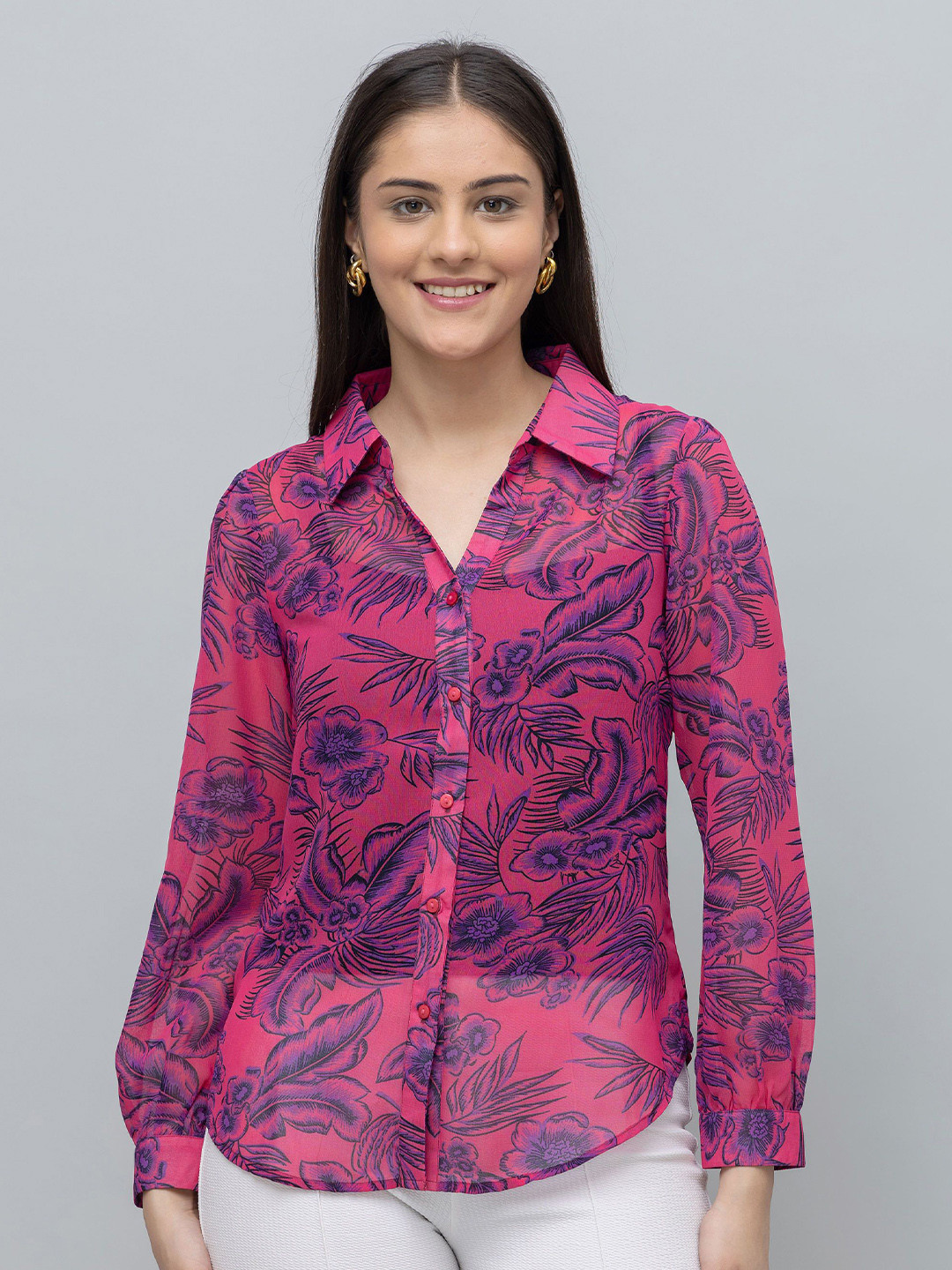 PURYS Women Classic Fit Floral Printed Spread Collar Casual Shirt
