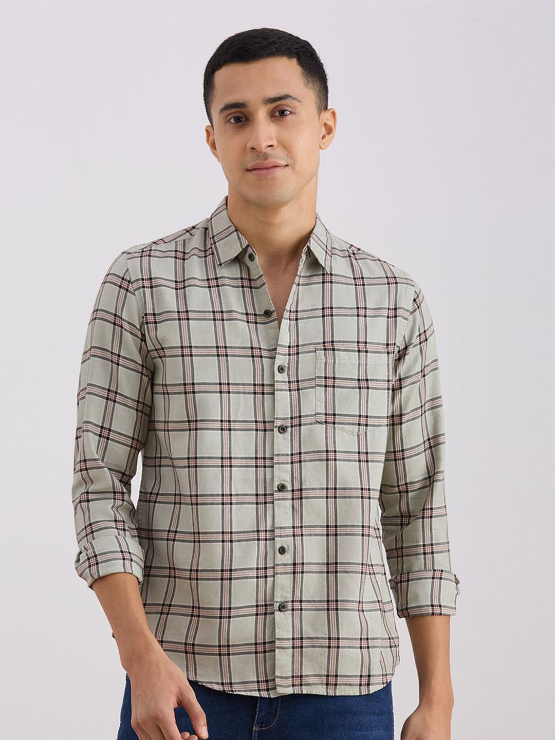 VALEN CLUB Tartan Checked Spread Collar Cotton Casual Shirt