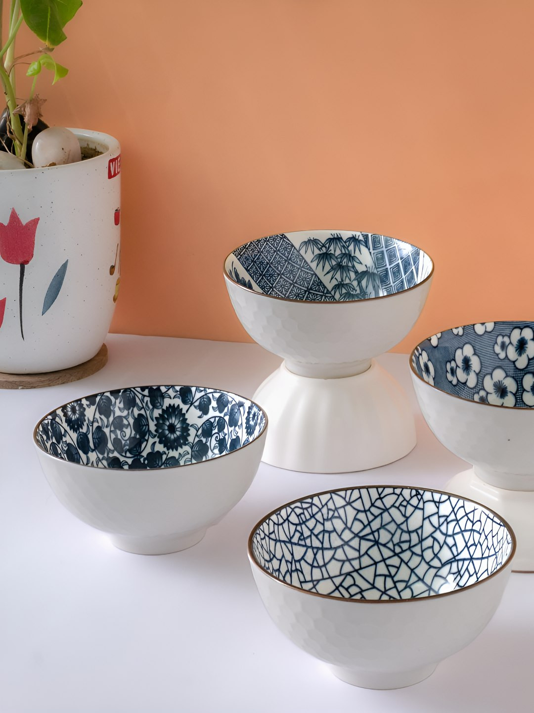 Femora White & Blue 4 Pieces Porcelain Dishwasher and Microwave Safe Serving Bowls