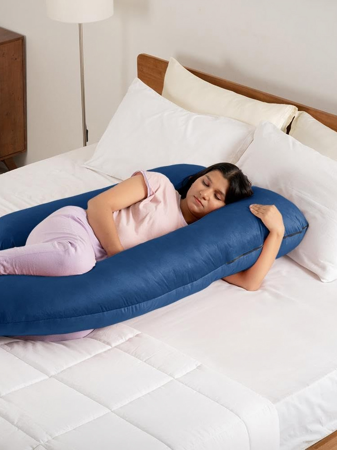 wakefit Blue Fibre Filled Faux Velvet G Shaped Maternity Pillow