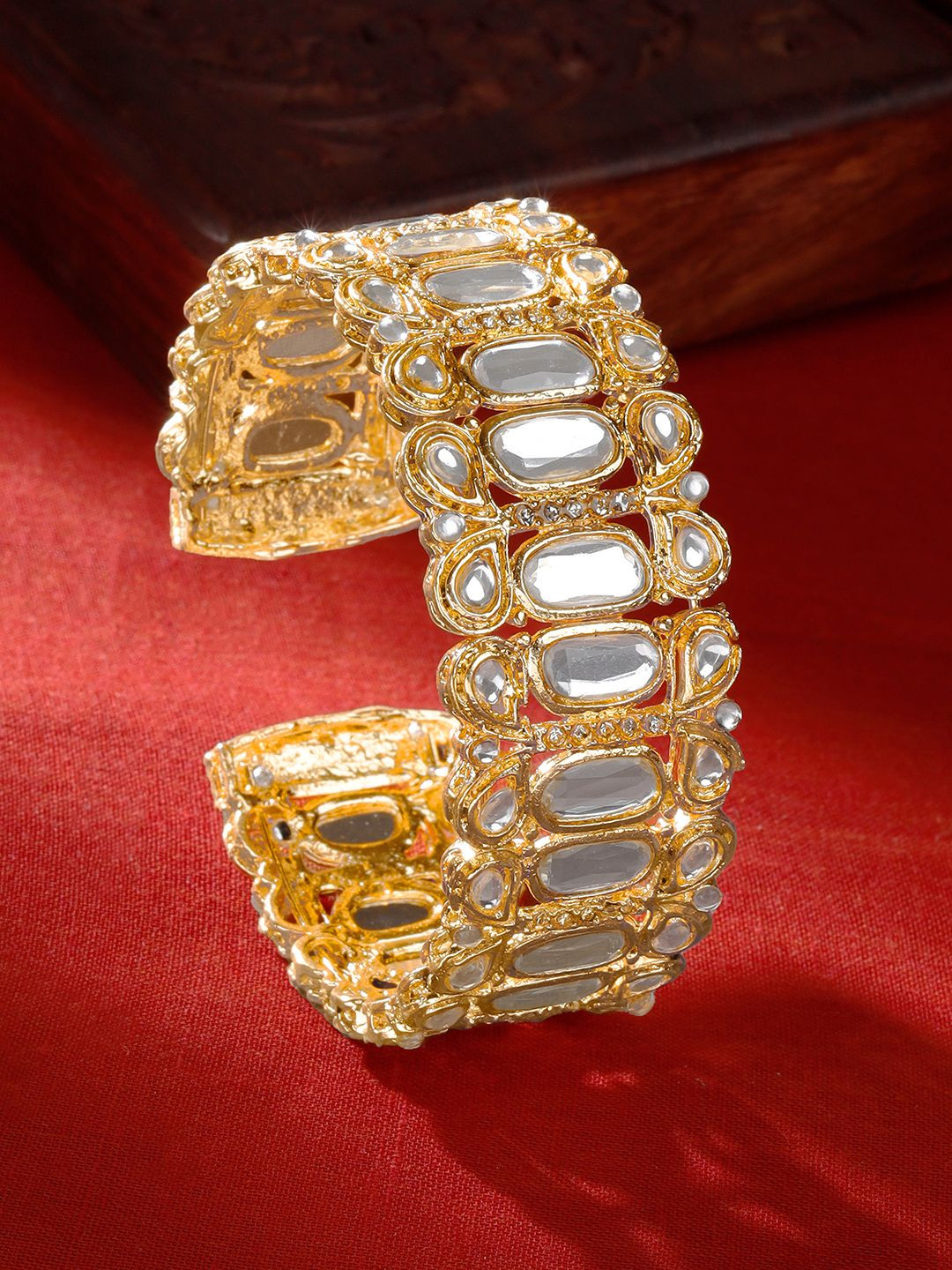 TEEJH Kusumini Women Enamelled Gold-Plated Artificial Stones Studded Cuff Bracelet