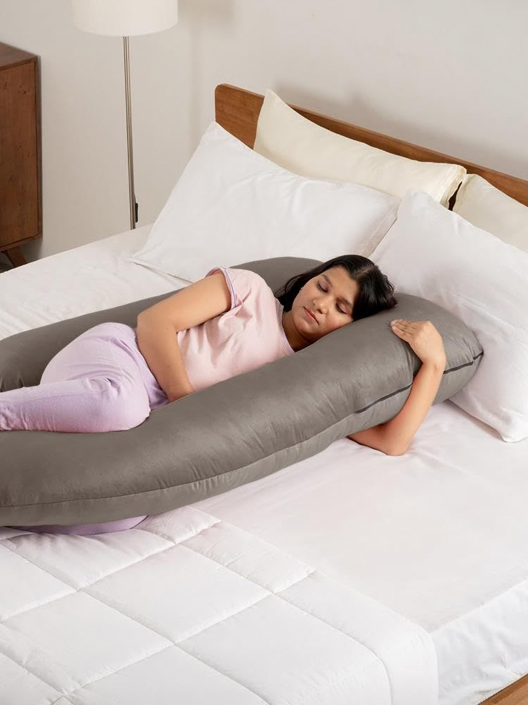 wakefit Grey Fibre Filled Faux Velvet J Shaped Maternity Pillow