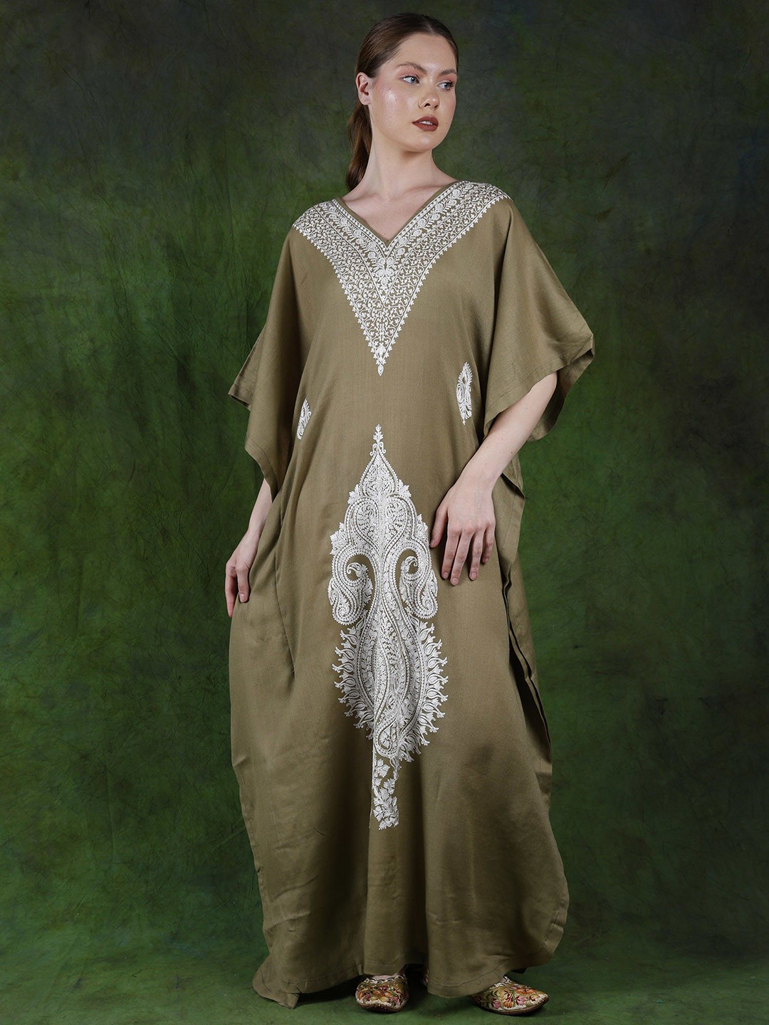 Exotic India Women Fine Wool Long Kaftan Dress with Kalka Aari Embroidery from Srinagar