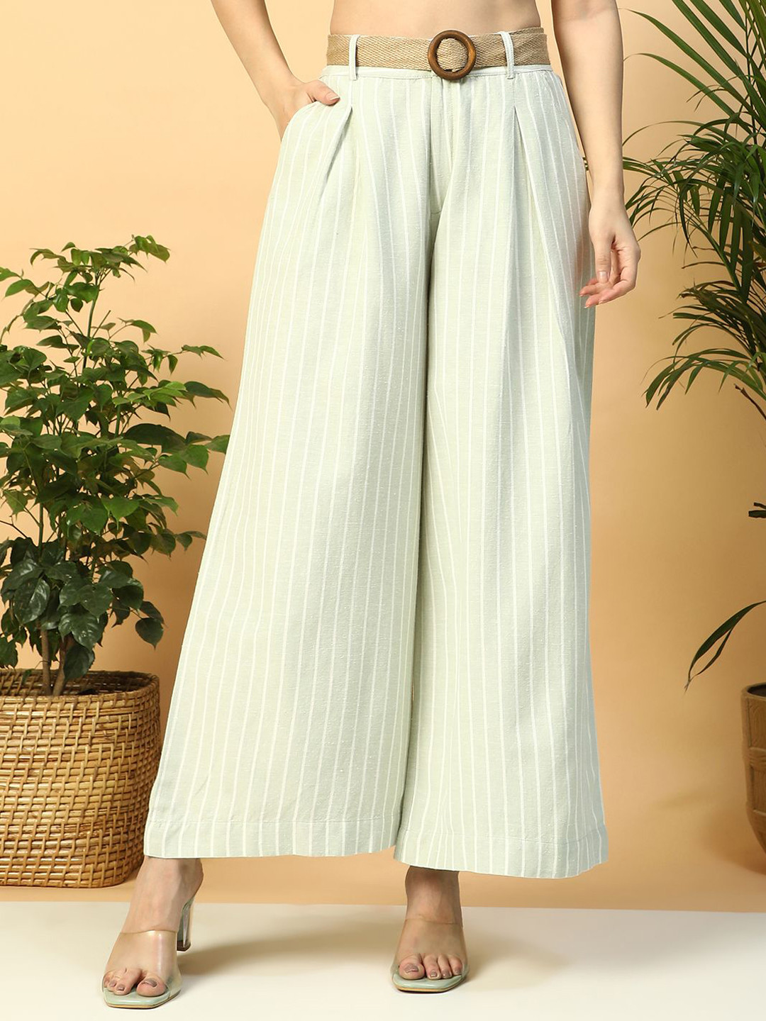 Oxolloxo Women Stripe Print Elasticated Waist With Button Closure Long Flared Pants