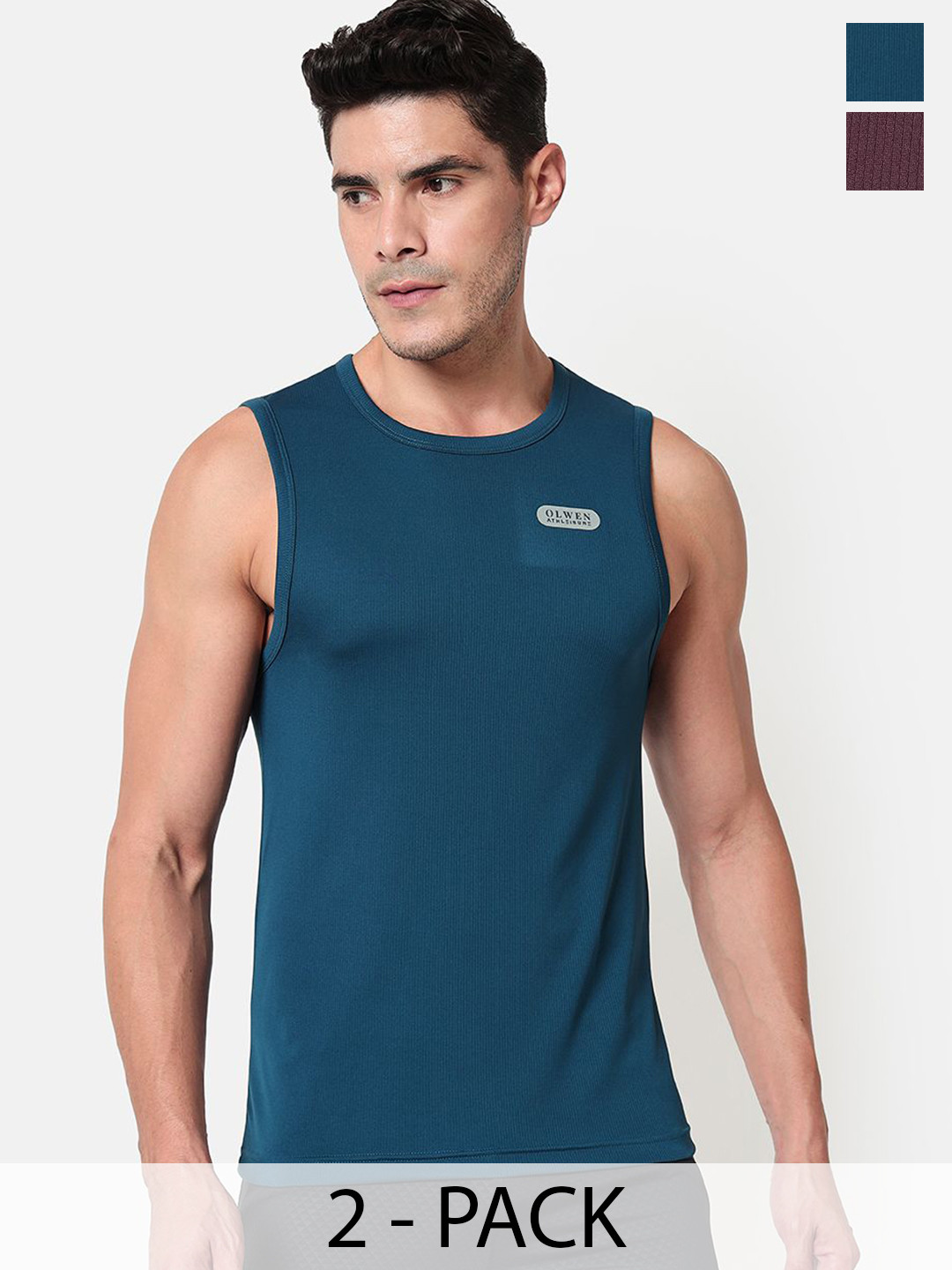 OLWEN Pack Of 2 Round Neck Gym Vests 1994-GV-PO2-BERRY-COBALT-S