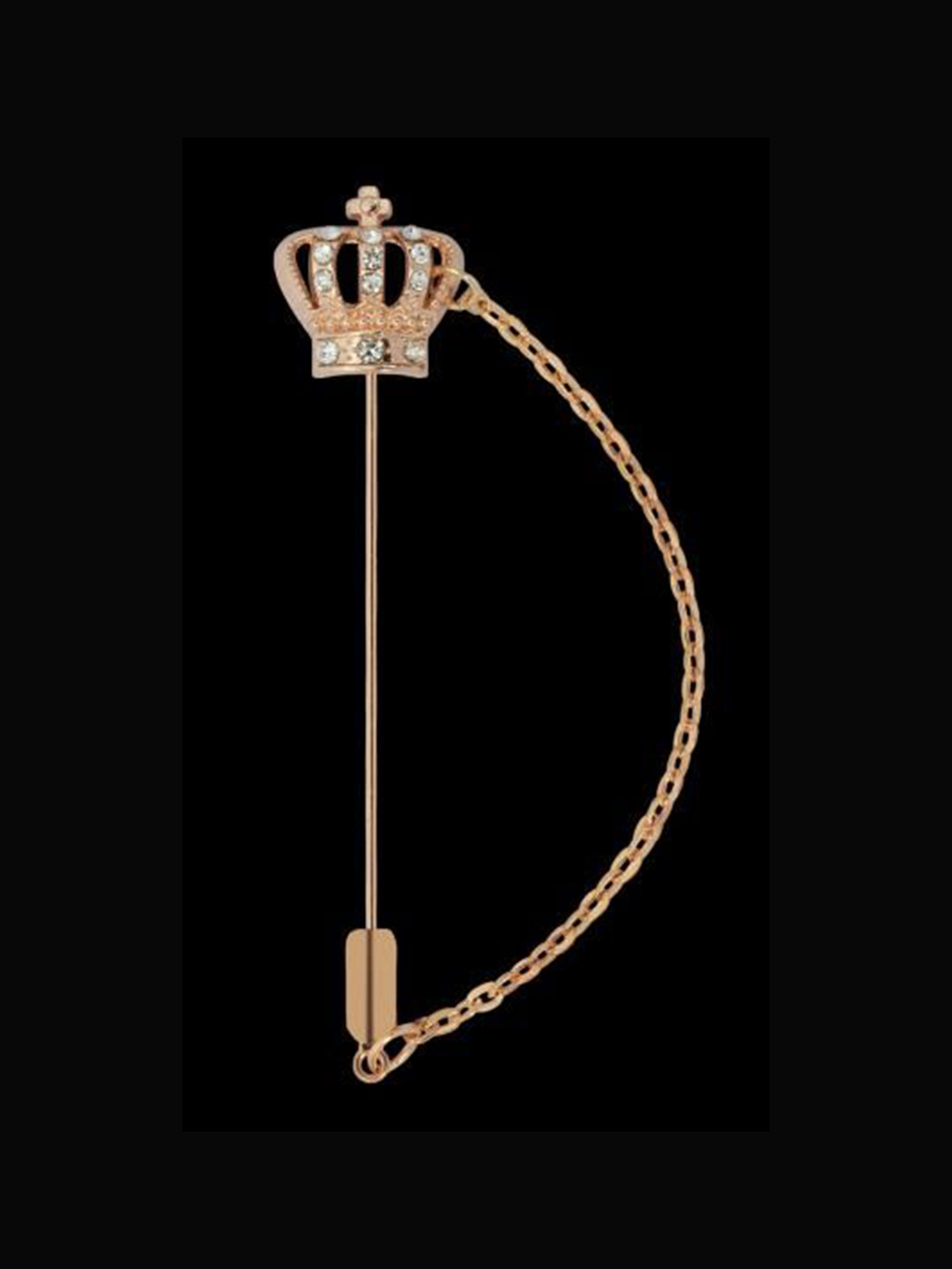 Curren Men Rhinestone Studded British Crown With Chain Lapel Pin Brooch