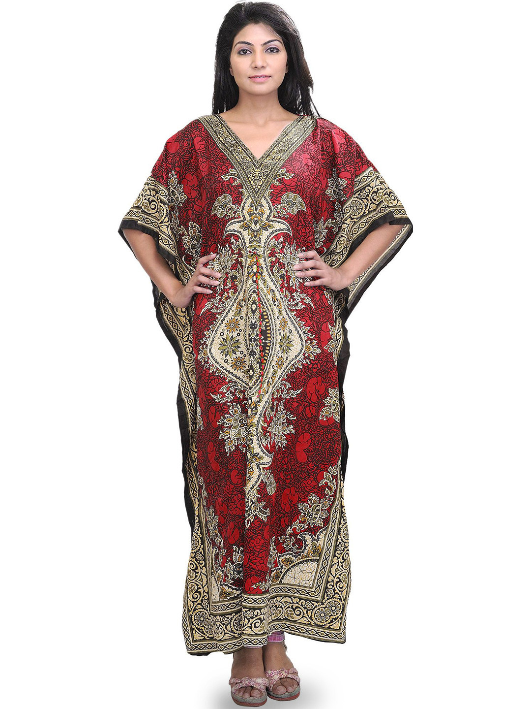 Exotic India Long Printed Kaftan with Dori at Waist