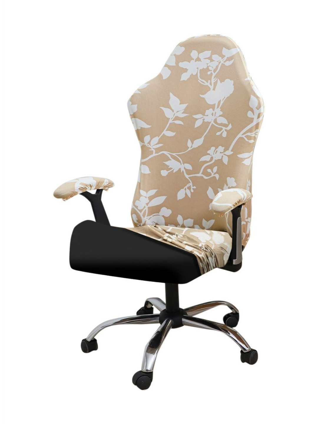 HOKIPO Brown & White Floral Printed Stretchable Computer Rotating Gaming Chair Cover