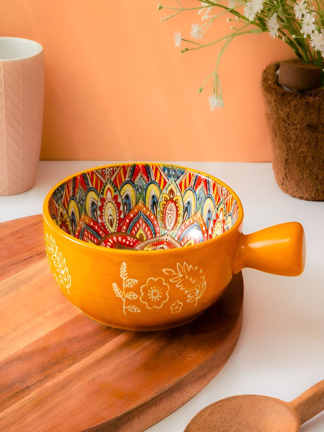 Femora Yellow & Red Ceramic Dishwasher and Microwave Safe Serving Bowl