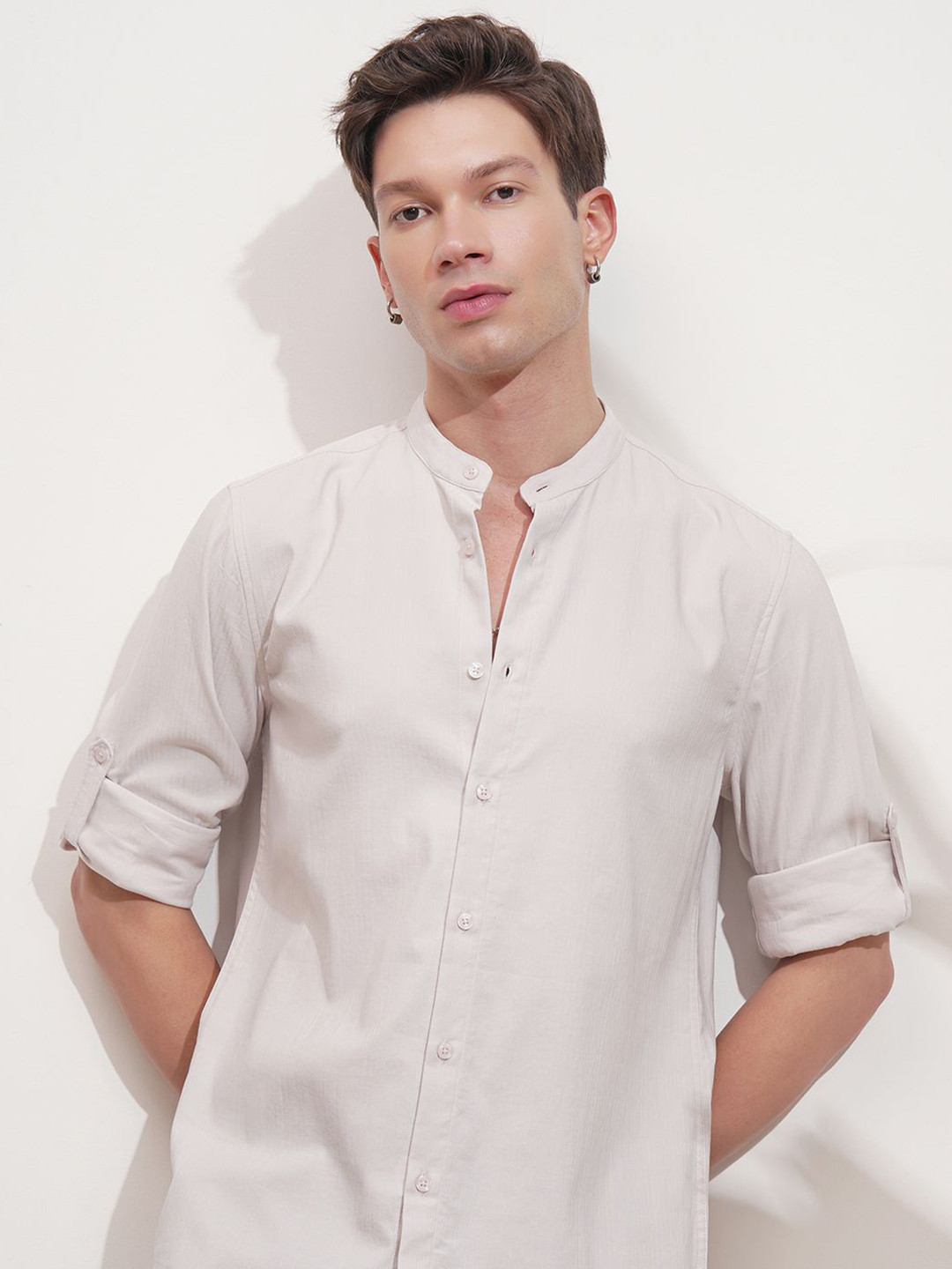 HIGHLANDER Men Slim Fit Textured Band Collar Casual Shirt