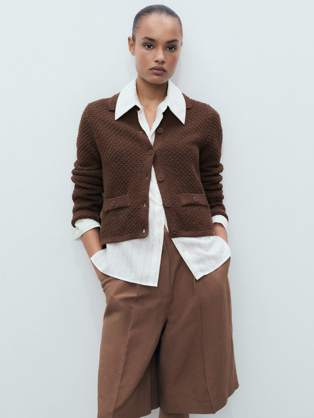 MANGO Cable Knit Shirt Collar Button-Down Cardigan