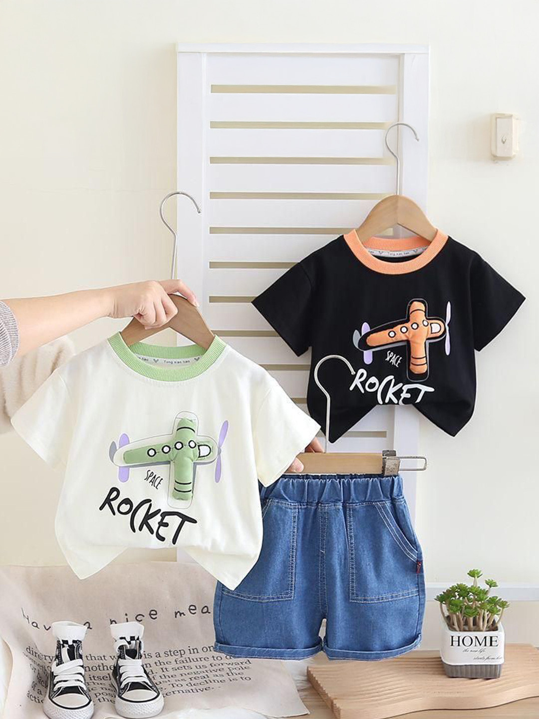 POP STREET KIDS Pack of 2 Boys Graphic Printed Round Neck T-shirts with Denim Shorts