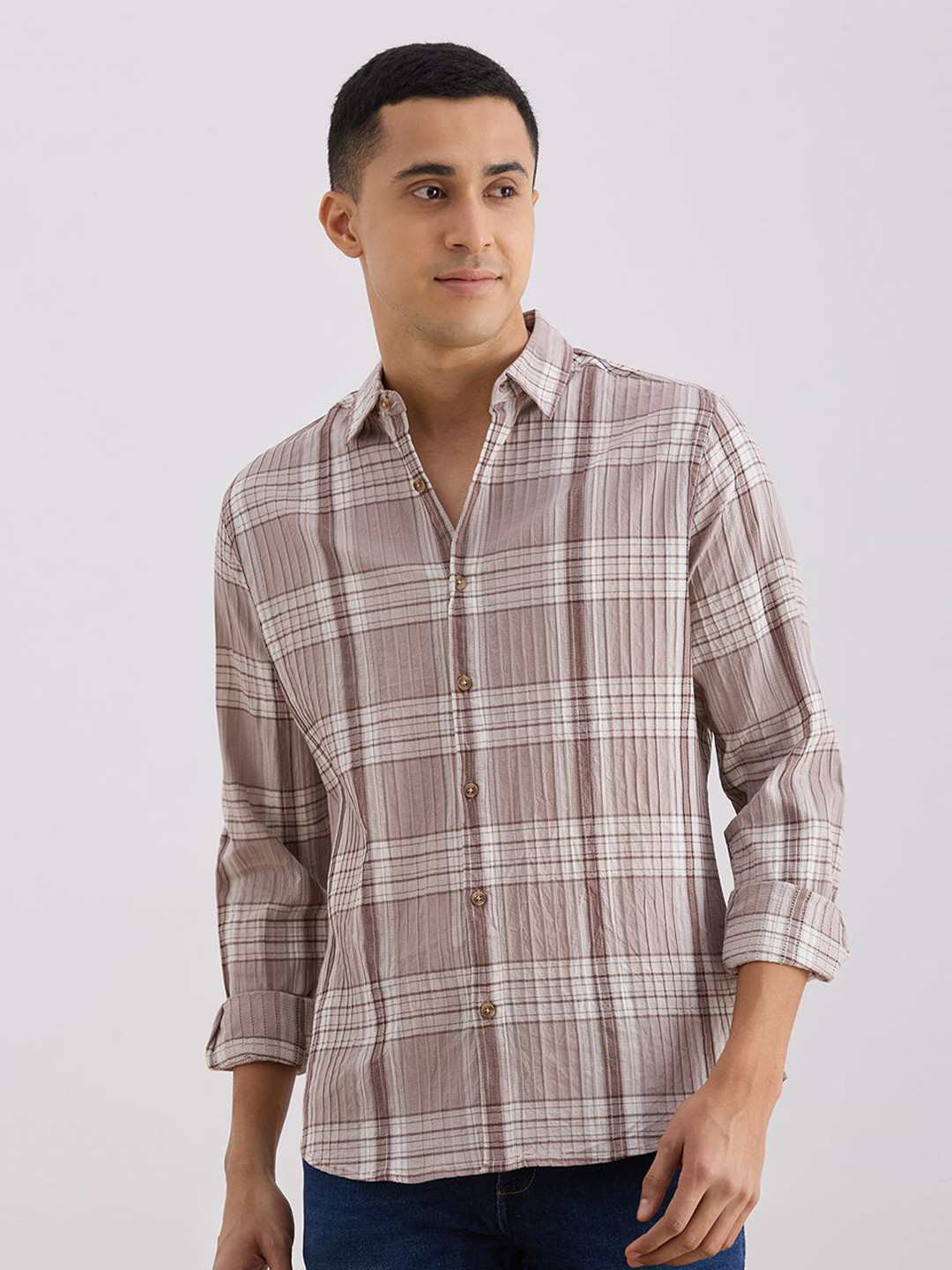 VALEN CLUB Tartan Checks Checked Spread Collar Relaxed Fit Cotton Shirt